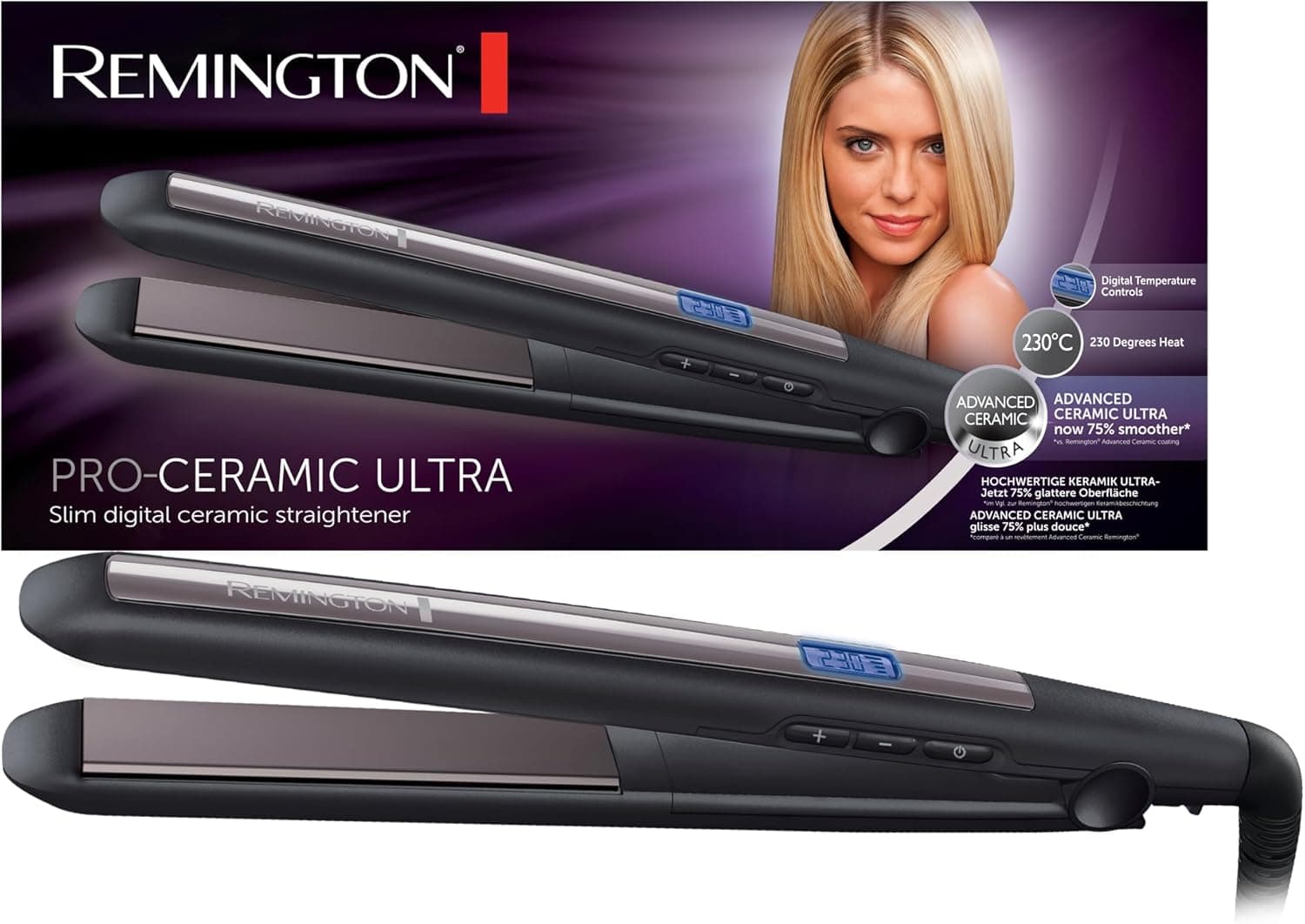Remington Ferro de cabelo Pro cerâmica ultra, placas flutuantes extra-longas, temperatura até 230 °C, função turbo e bloqueio de temp, digital, aquecimento 15 s preto 110 mm S5505