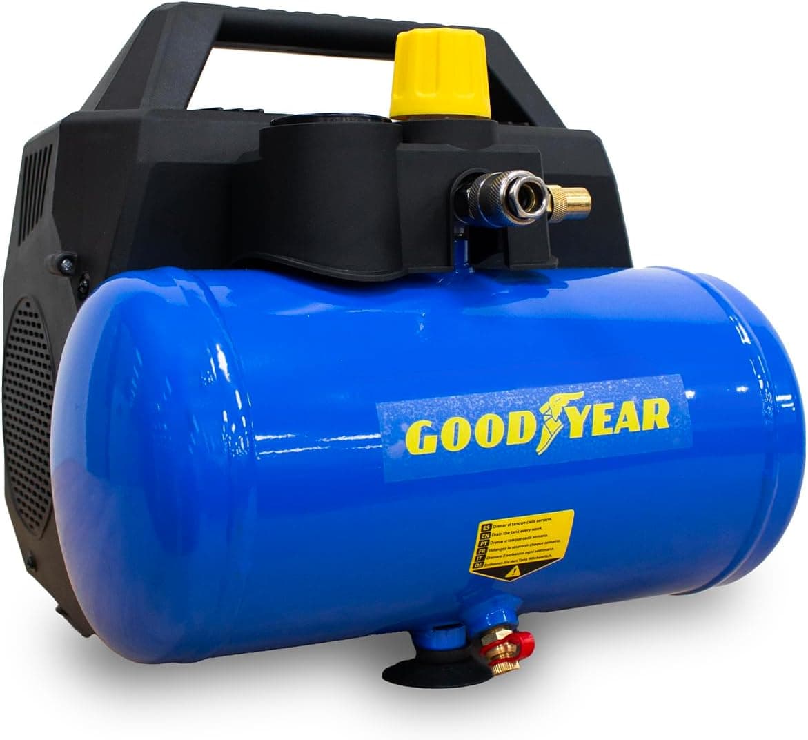 Goodyear - Compressor de 6 litros sem óleo. 210 litros/minuto capacidade de aspiração. 6 litros de fluxo aspirado. 3600 rpm. 8 bares. Válvula de segurança CE. Ideal para uso doméstico DIY