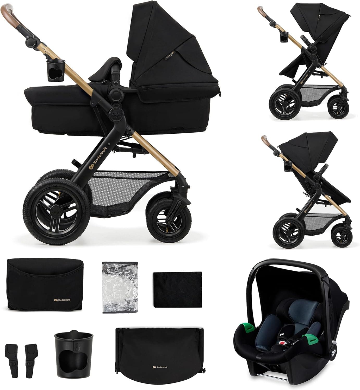 Kinderkraft MOOV2 AIR Cadeira de carro 3 em 1, Mink PRO I-Size, sistema de viagem, carrinho de bebé, carrinho de passeio, dobrável, para recém-nascido, desde o nascimento até aos 3 anos, preto
