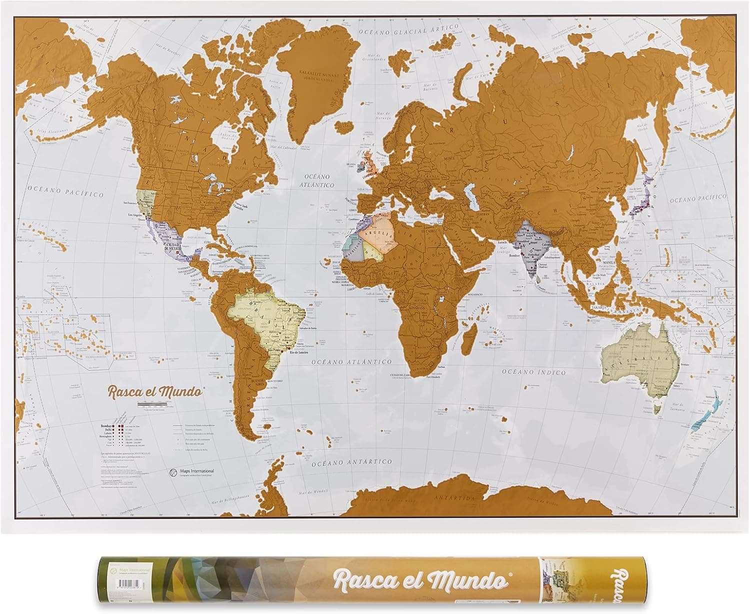 Póster do mapa mundo de raspar - Espanhol - com tubo de presente - extra grande - 84 x 59 cm - Maps International - 50 anos a fazer mapas - detalhes cartográficos com o país e os países vizinhos
