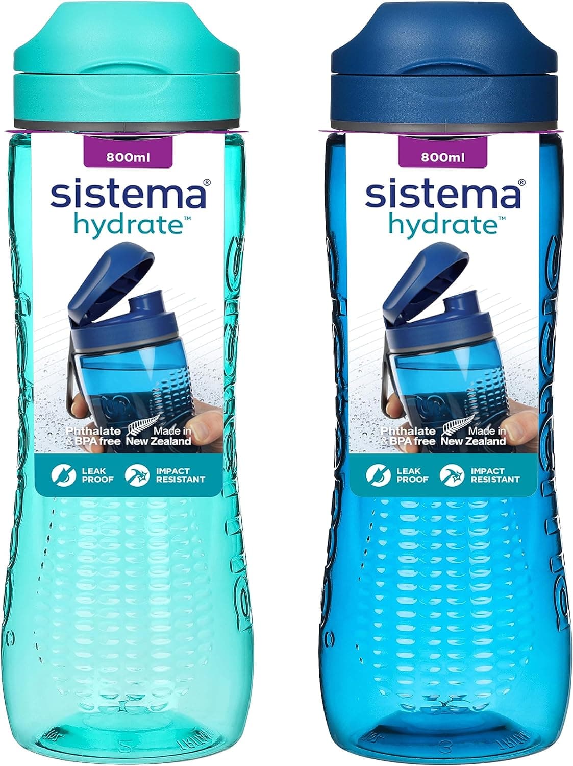 Sistema Hydrate Tritan Active garrafa de água desportiva 800 ml Garrafa de água à prova de fugas, sem BPA, azul oceano e verde hortelã, 2 unidades