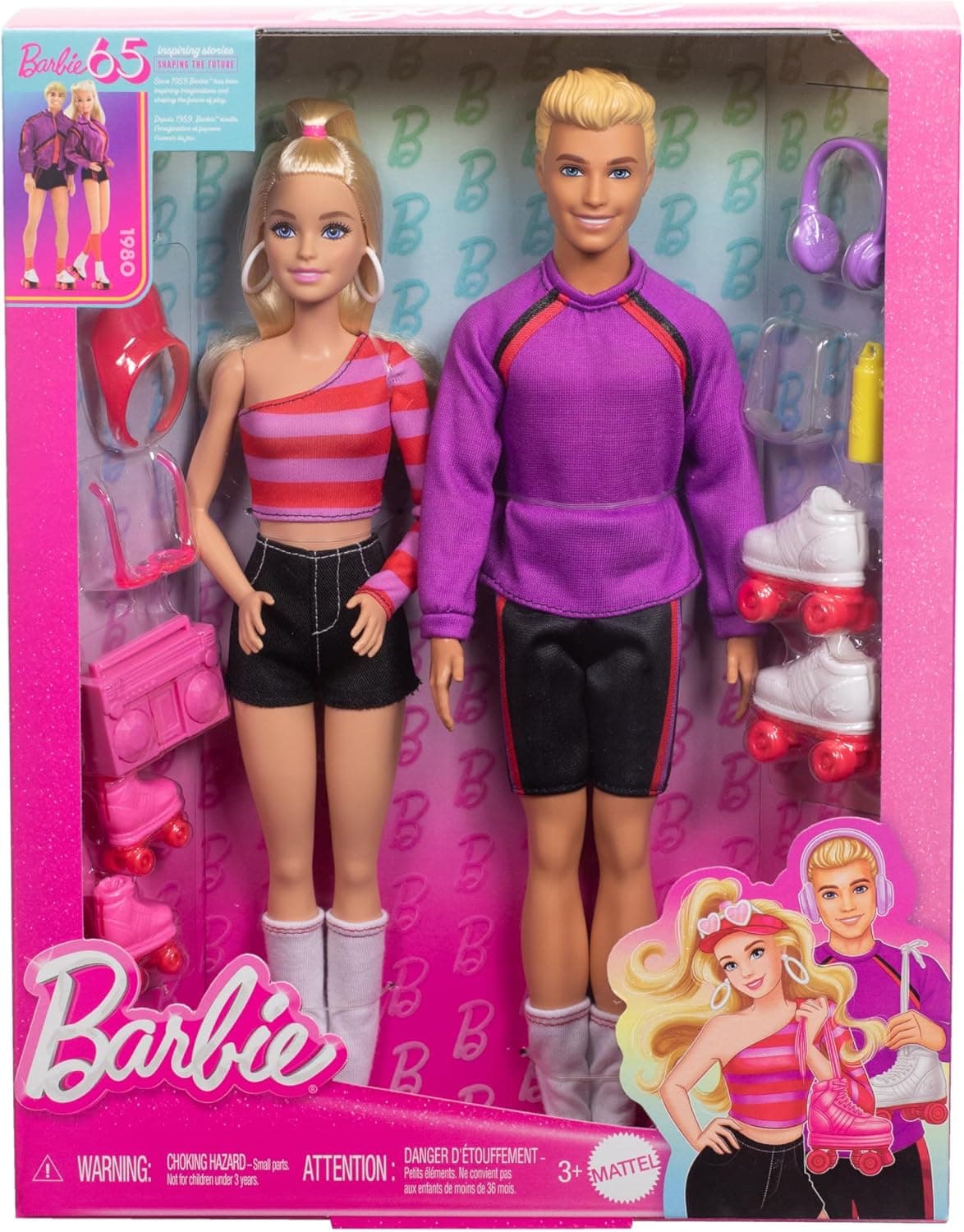 Barbie Fashionistas Barbie e Ken patinadores, pack boneca e boneco louros com patins e acessórios de patinagem, coleção 65º aniversário, presente de brinquedo para meninos e meninas +3 anos, HXK90