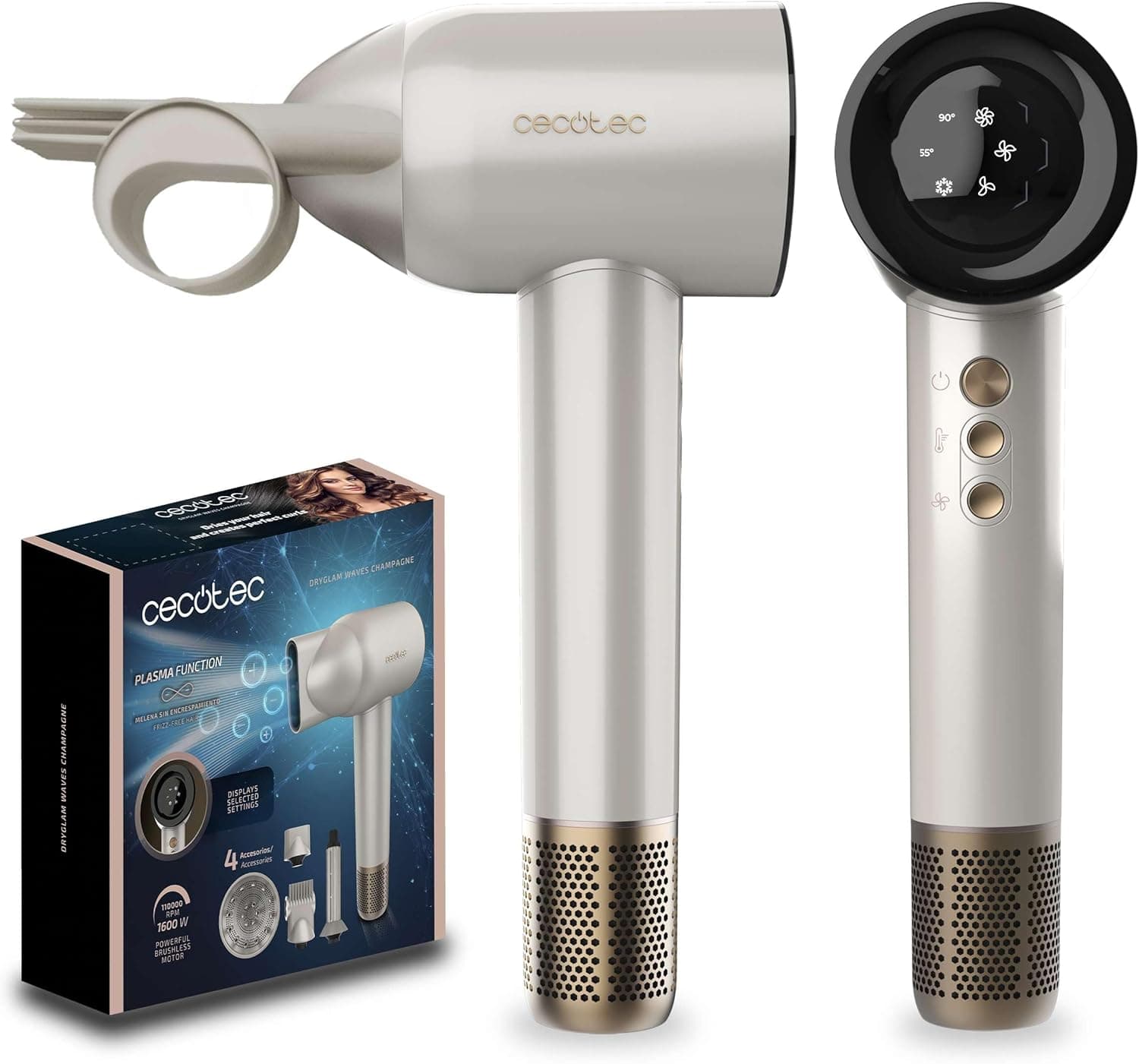 Cecotec DryGlam Waves Champagne | Secador de cabelo brushless 1600 W com tecnologia de plasma e 4 acessórios