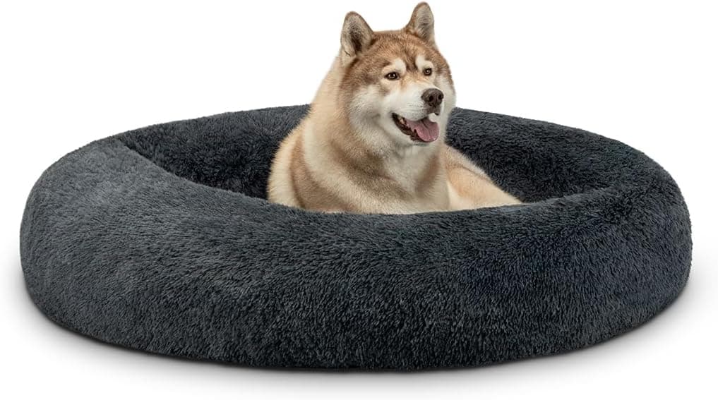 lionto Cama tipo Donut para cães e gatos, cama redonda fofa para animais de estimação pequenos e grandes, Ø 120 cm, almofada macia de pelúcia esponjosa com enchimento extra grosso, cinzento escuro
