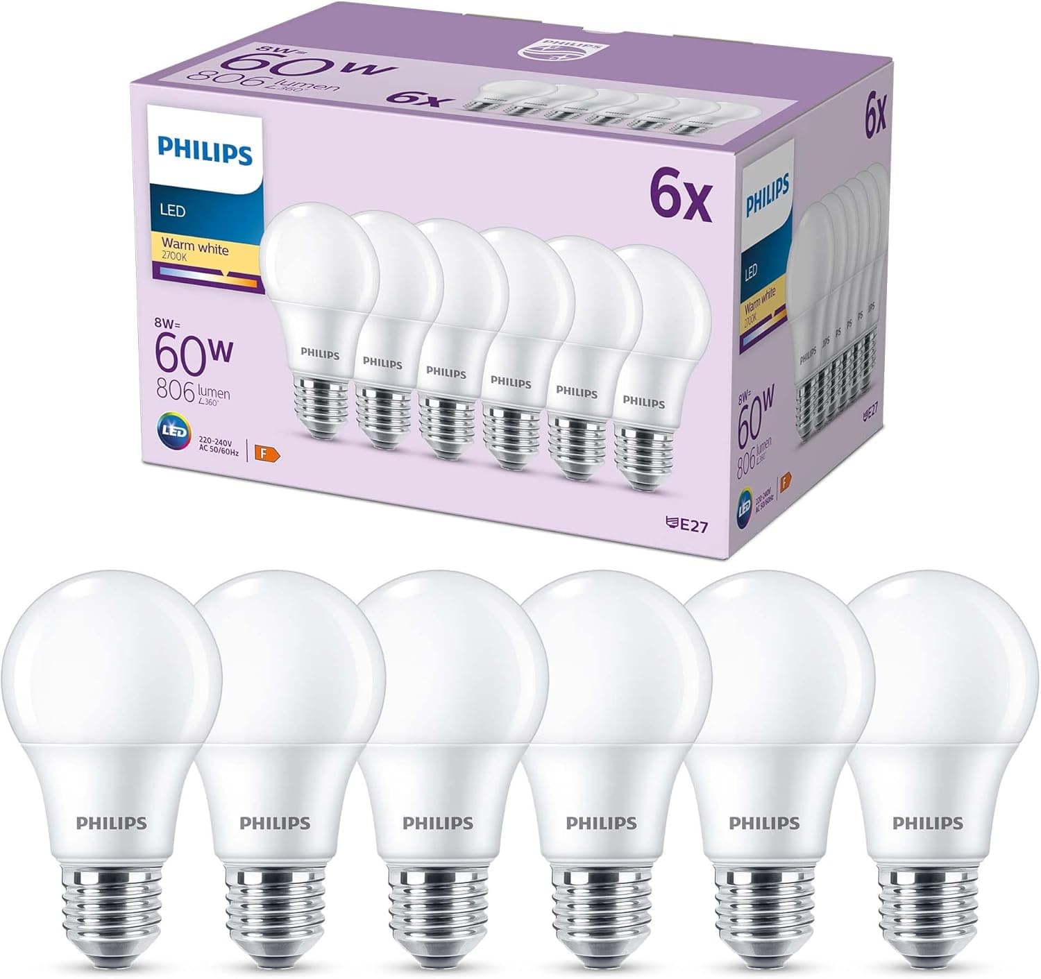 Philips Lâmpada LED clássica mate de 8 W (Eq. 60 W) 806 lúmenes, casquilho E27, luz quente (2700 K) - conjunto de 6 lâmpadas