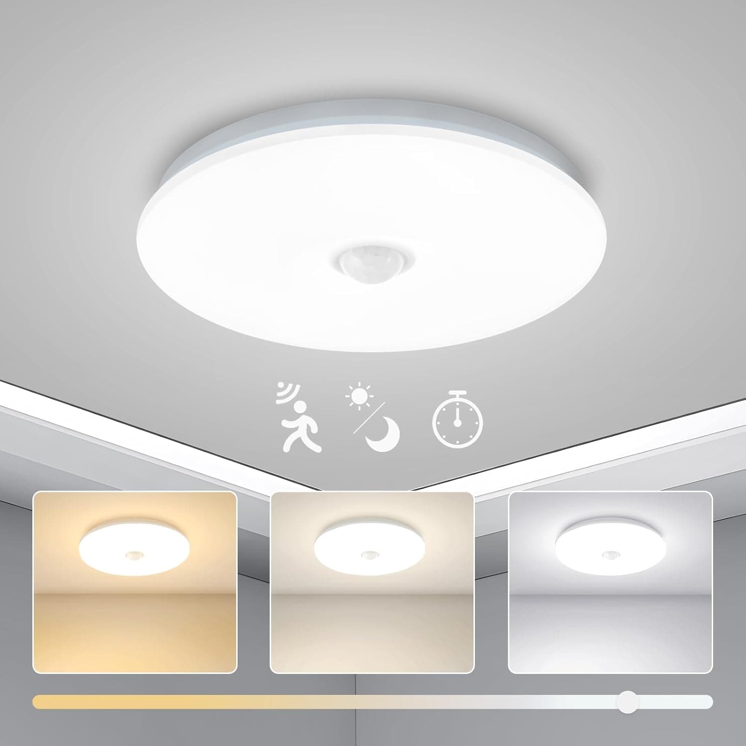 Yafido Plafão com sensor de movimento de 15 W, Ø 15 cm candeeiro de teto LED, 3000 K-6500 K redondo teto de planafon, 1150 LM - ideal para casa de banho e armários