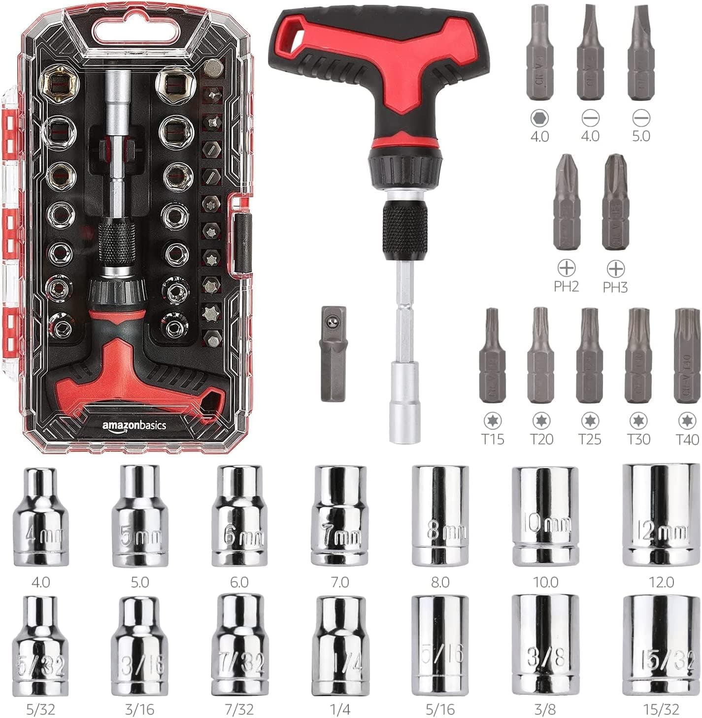 Amazon Basics Magnetic T-Ratchet | Conjunto de 27 chaves de fendas e catraca magnética