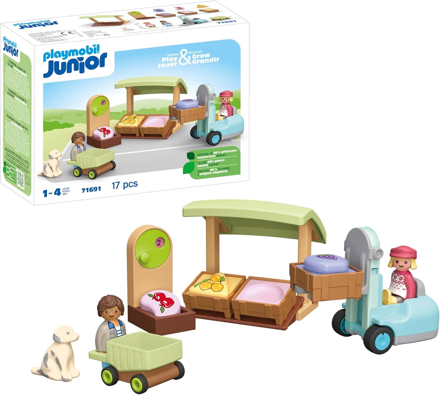 PLAYMOBIL Junior 71691 Posto ecológico e empilhadeira, inclui carrinho de compras e caixas, brinquedo sustentável feito de plásticos à base de plantas, brinquedos para crianças a partir de 1 ano