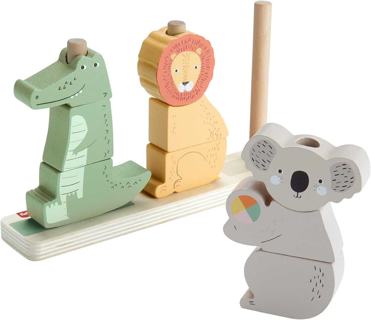 Fisher-Price Blocos empilháveis em forma de animais (coala, leão e crocodilo), 10 peças fabricadas com material certificado FSC, conjunto inspirado em Montessori, para bebés + 12 meses (HXV04)
