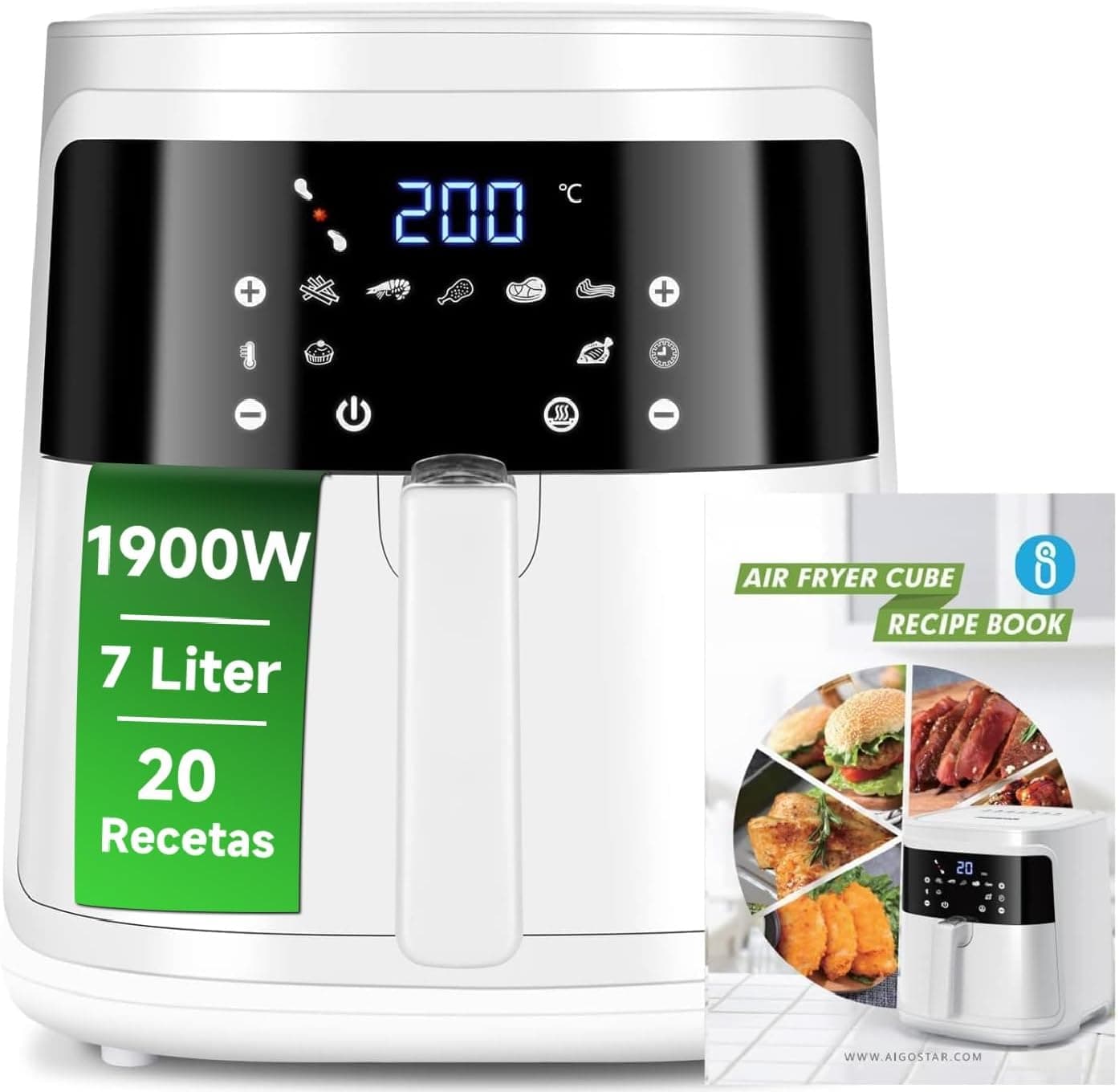 Aigostar White Cube, Fritadeira de ar 7L, Air Fryer 1900W, fritadeira sem óleo, 7 modos automáticos, painel de toque, cesta anti-aderente removível, 20 receitas, até 8 pessoas, sem BPA, menos energia