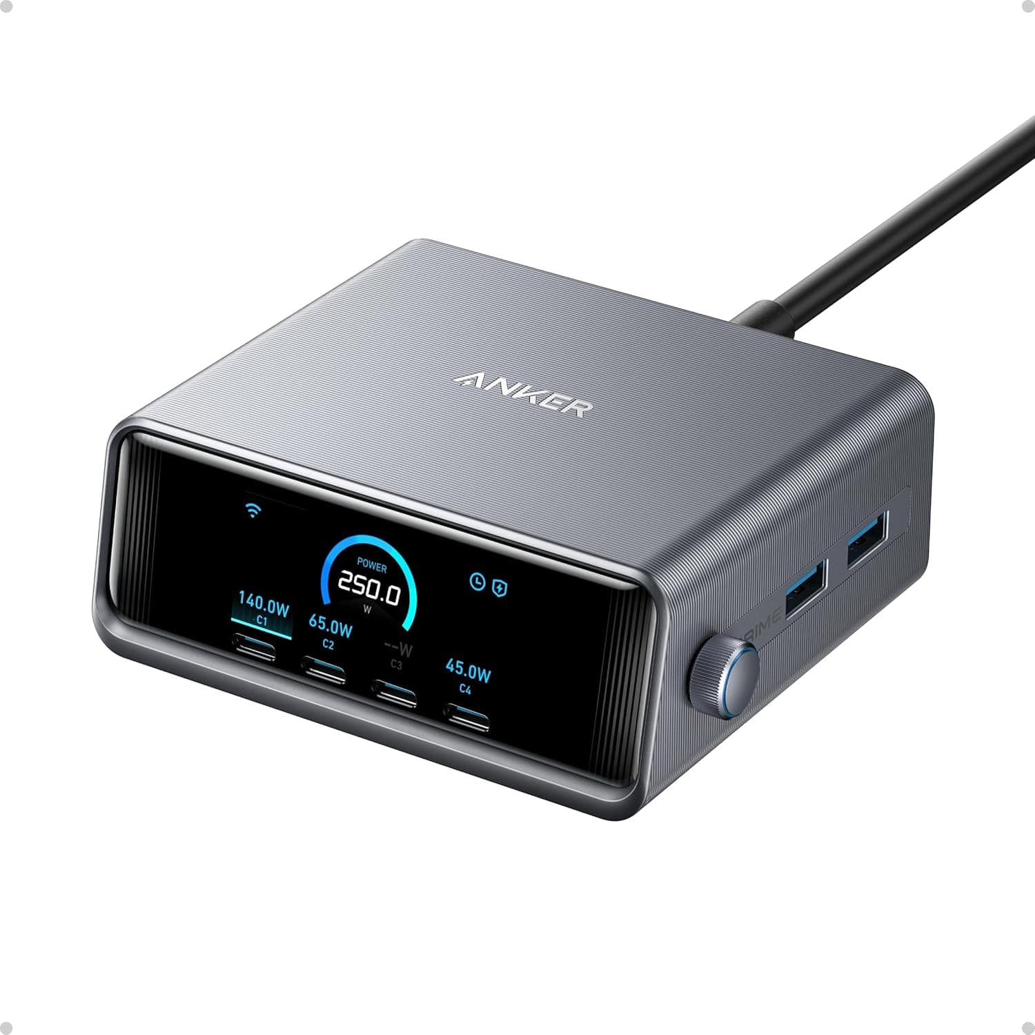 Anker Prime GAN Carregador USB C de carregamento rápido de 250 W, estação de 6 portas, ecrã LCD de 2,26" e mostrador de controlo inteligente para MacBook Pro/Air, iPhone 16/15/14, pixel, Galaxy, Apple