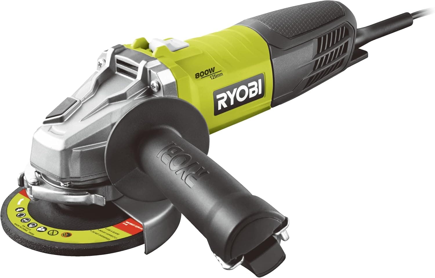 RYOBI - Moedor angular com cabo 800 W 125 mm - 12 000 rpm - entregue com 1 disco de remover o metal Ø 125 mm e 1 pega lateral 2 posições - proteção anti-arranque - RAG800-125G