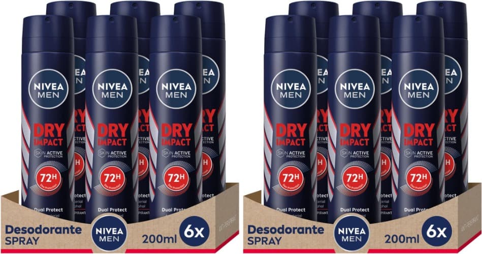 NIVEA MEN Dry Impact Spray em embalagem de 6 (6 x 200 ml), desodorizante antitranspirante
