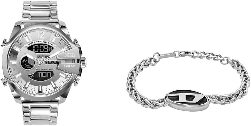 Diesel Relógio para homem mega Chief e pulseira, aço inoxidável dourado, conjunto