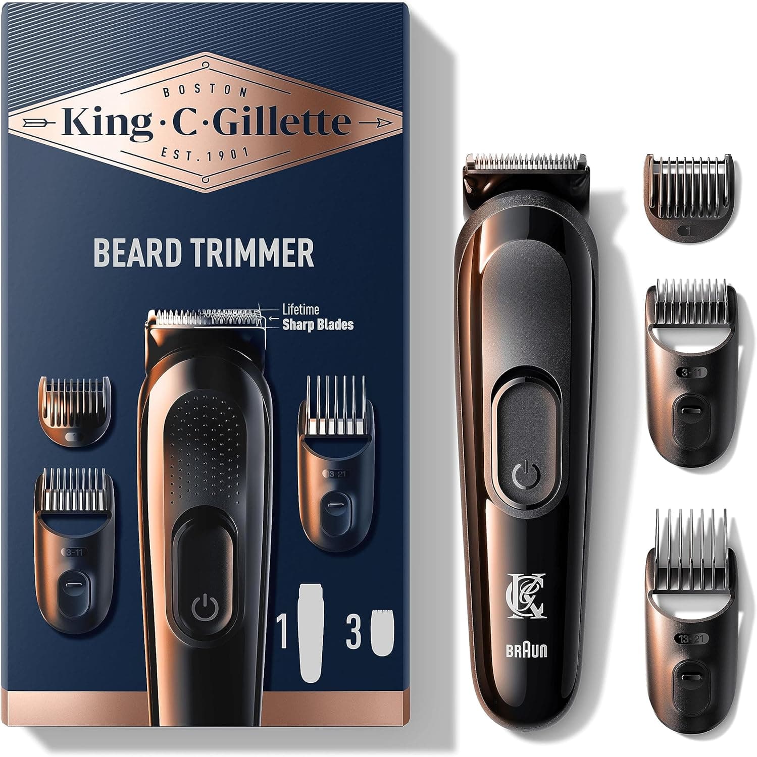 King C. Gillette | Máquina de barbear sem fios com lâminas afiadas e 3 pentes para corte e barba