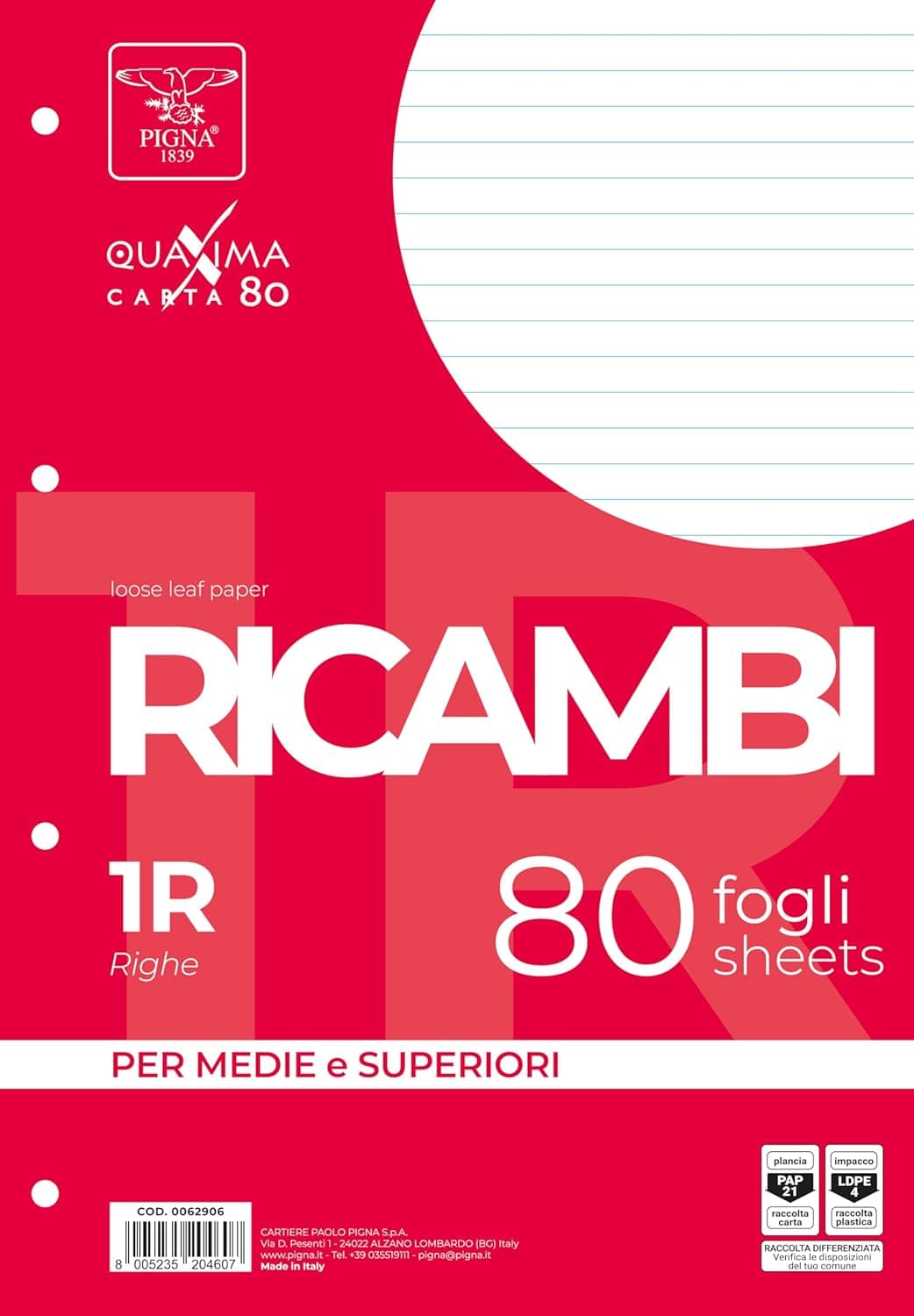 Pigna | Pack de 80 folhas recarga A4 com 4 furos pautadas para arquivo