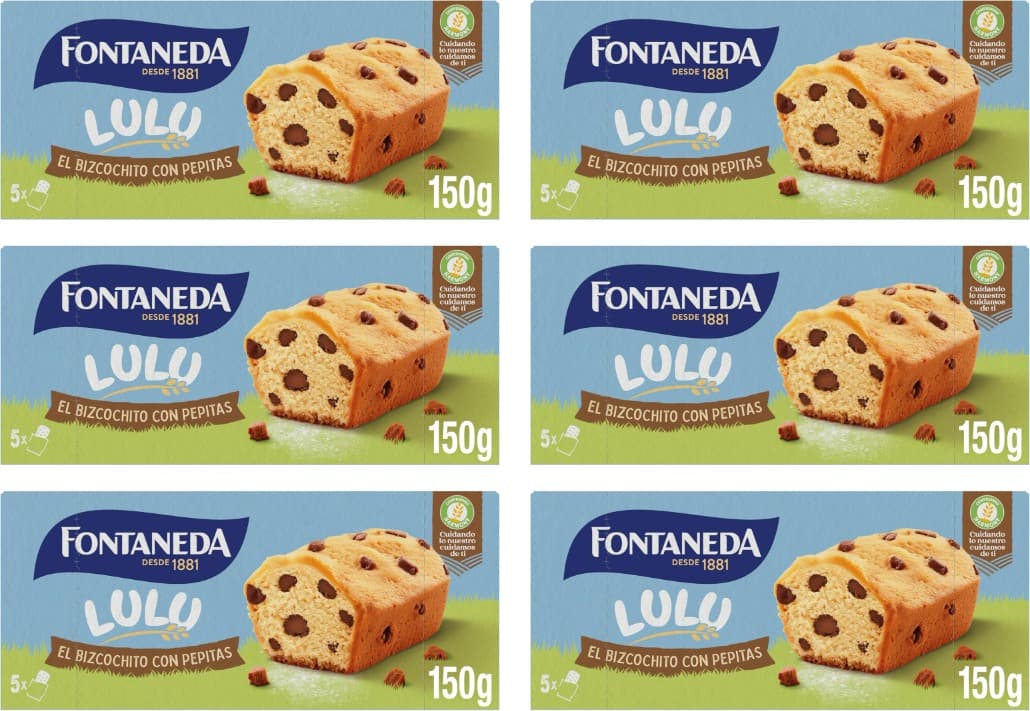 Fontaneda Lulu Bizcozinho com pepitas de chocolate, textura esponjosa, 150 g x 6