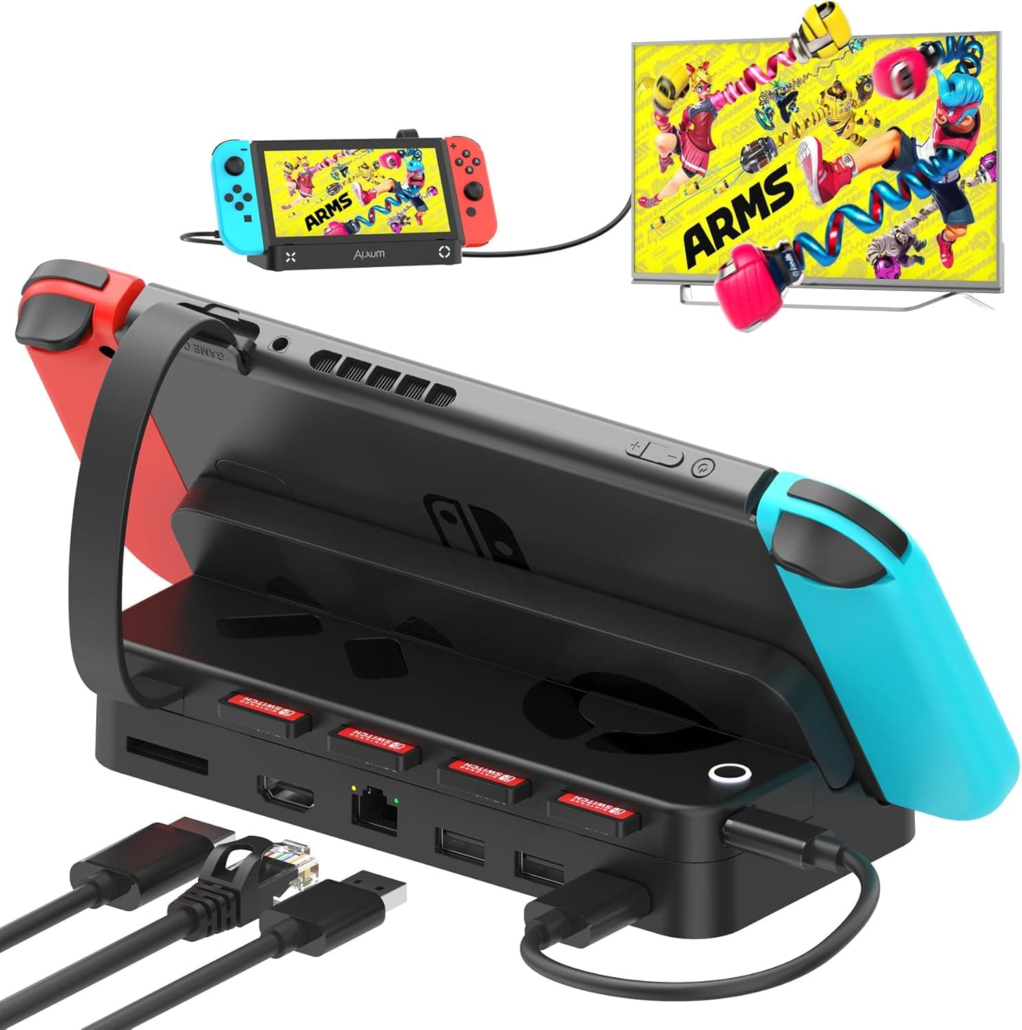 Alxum Switch Docking Station | Base portátil com leitor de cartões, HDMI, Ethernet 1000 Mbps e 3 portas USB compatível com Nintendo Switch e Switch OLED
