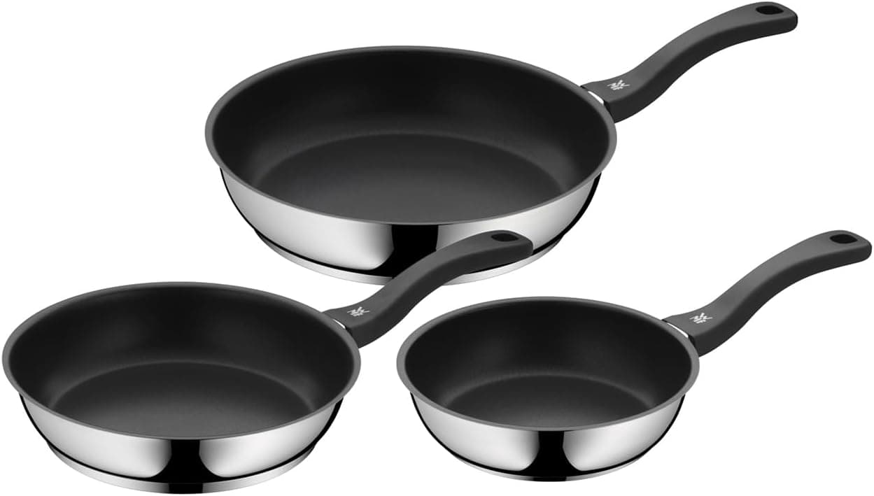 WMF Devil Conjunto de 3 frigideiras anti-aderente 20 - 24 - 28 cm, frigideira de aço inoxidável e revestimento antiaderente para todos os tipos de cozinhas incluído indução, sem PFOA, cor preta