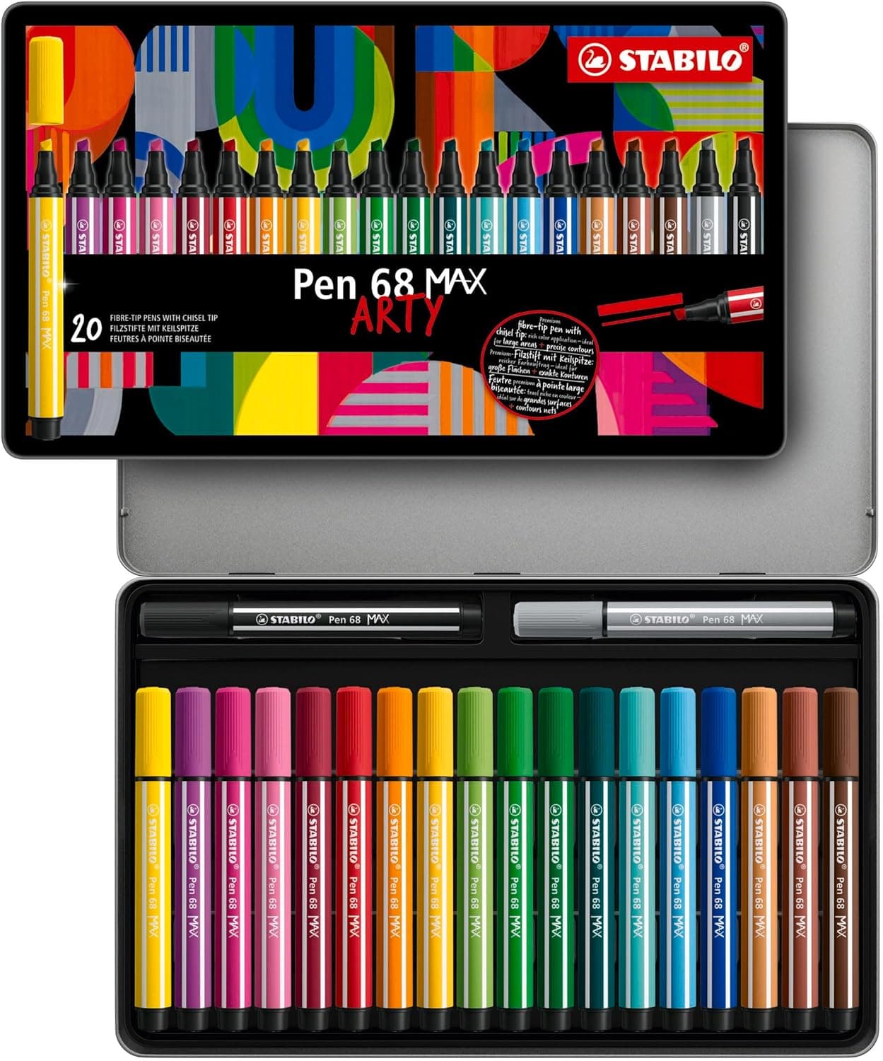 STABILO Marcador de ponta chanfrada premium (1 + 5 mm), caneta 68 MAX, ARTY - caixa metálica de 20 - cores sortidas