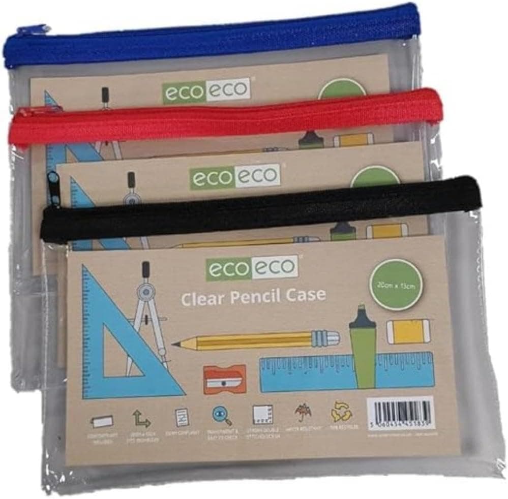 Eco-Eco Eco183 - Estojo transparente para lápis, 90% reciclado, com fecho de correr colorido, 1 unidade, Preto/azul/vermelho, Moderno