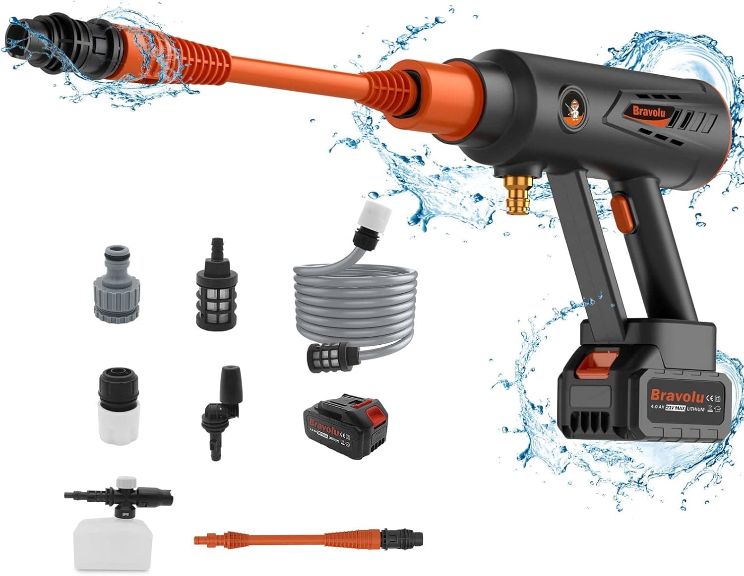 Hidro-limpeza a bateria, Bravolu MAX 580 PSI Hidrolimpeza de alta pressão portátil com kit, máquinas de lavar a pressão com bateria de 4,0 Ah e giratório, ideal para carros, barcos e jardins