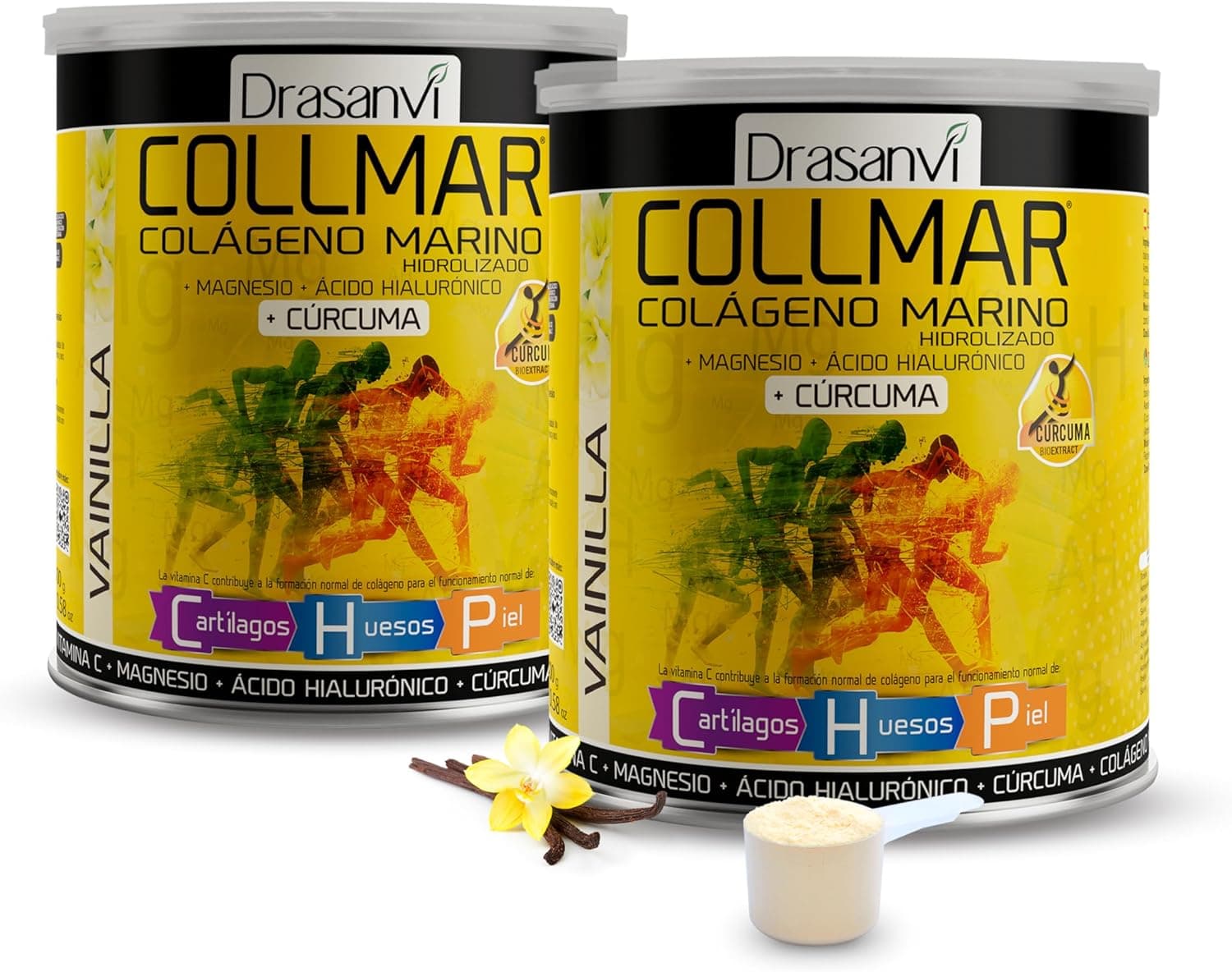 Drasanvi COLLMAR Colagénio marinho hidrolizado açafrão com magnésio, vitamina C, ácido hialurónico para bem-estar das articulações e músculos, assimilação 9,355 mg/dia, 2 x 300 g de pó, sabor baunilha