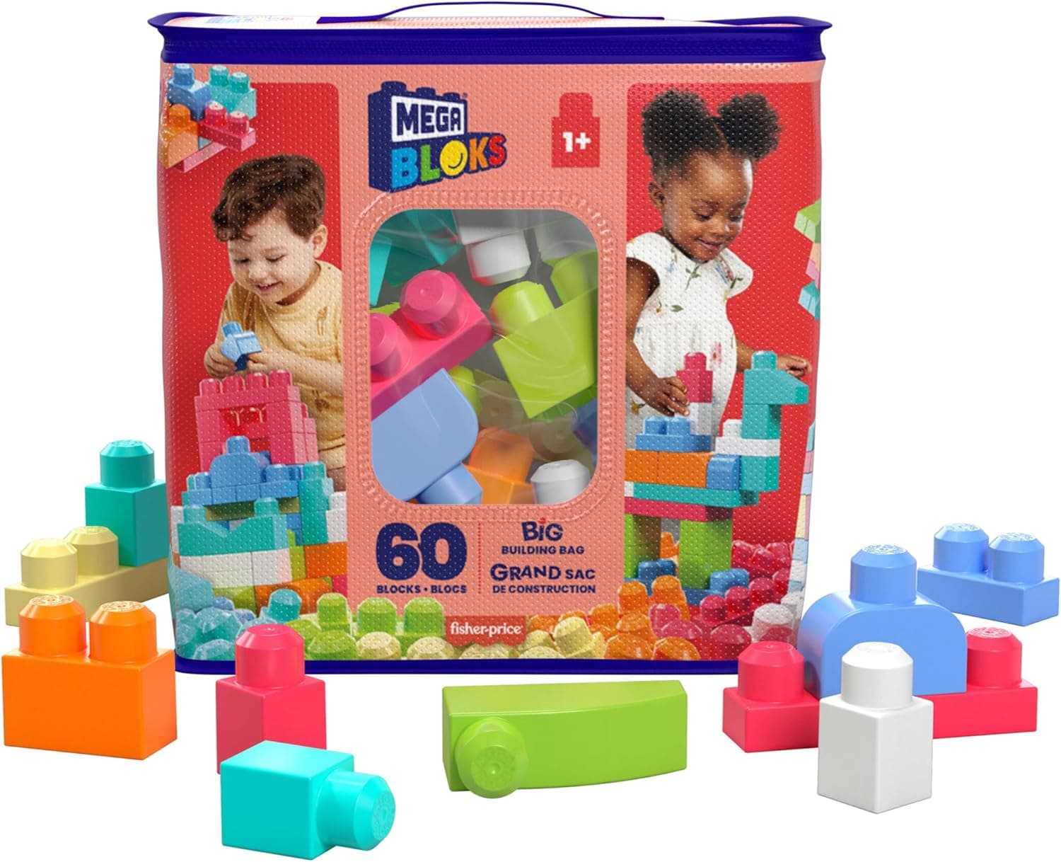 Mega BLOKS Conjunto de construção Big Building Bag com 60 blocos de construção grandes e coloridos, 1 bolsa de armazenamento, para crianças de 1 ano em diante, modelo sortido, DCH54