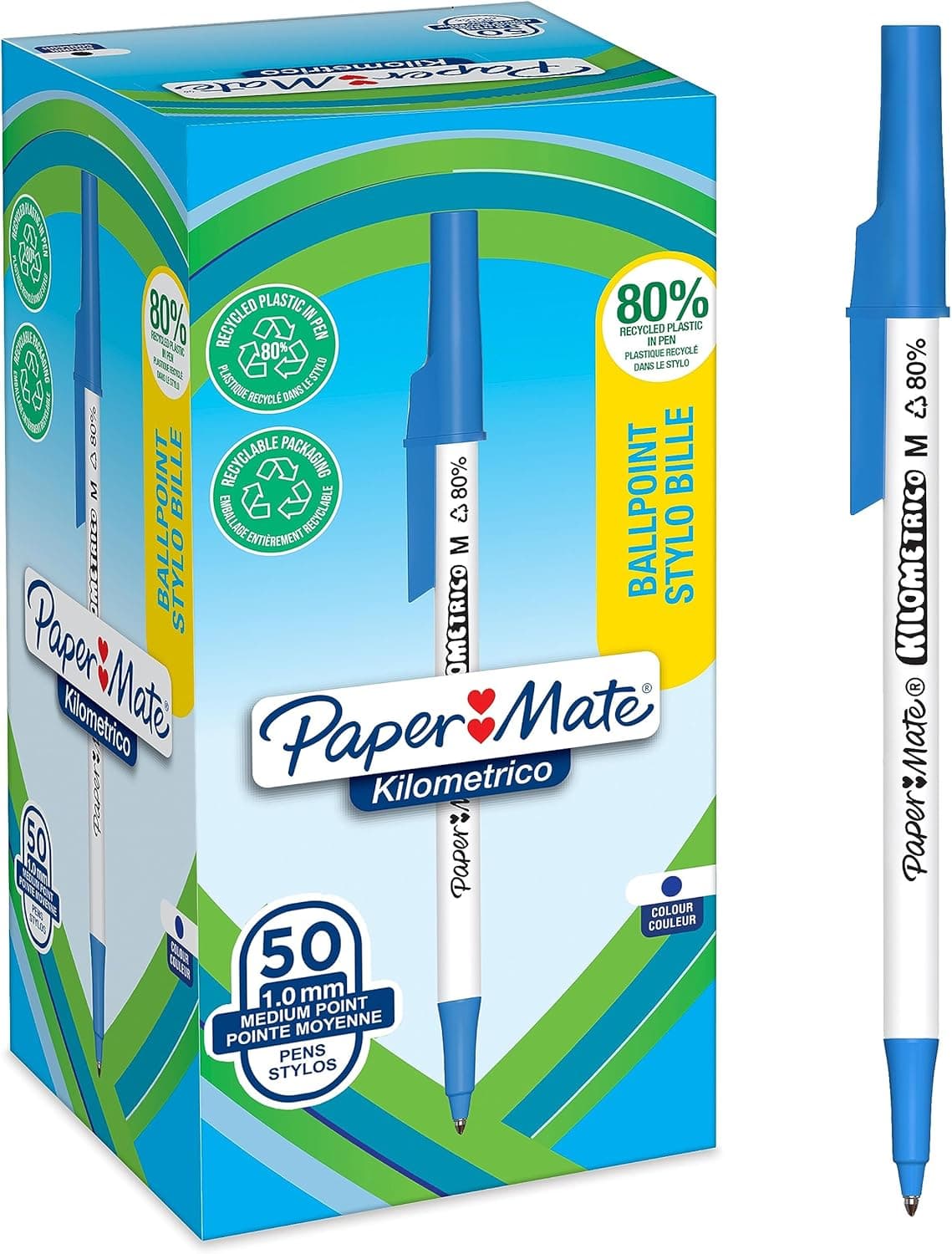 Canetas Paper Mate Kilométrico | Escrita longa com ponta média (1,0 mm), tinta azul, 80% plástico reciclado, 50 unidades