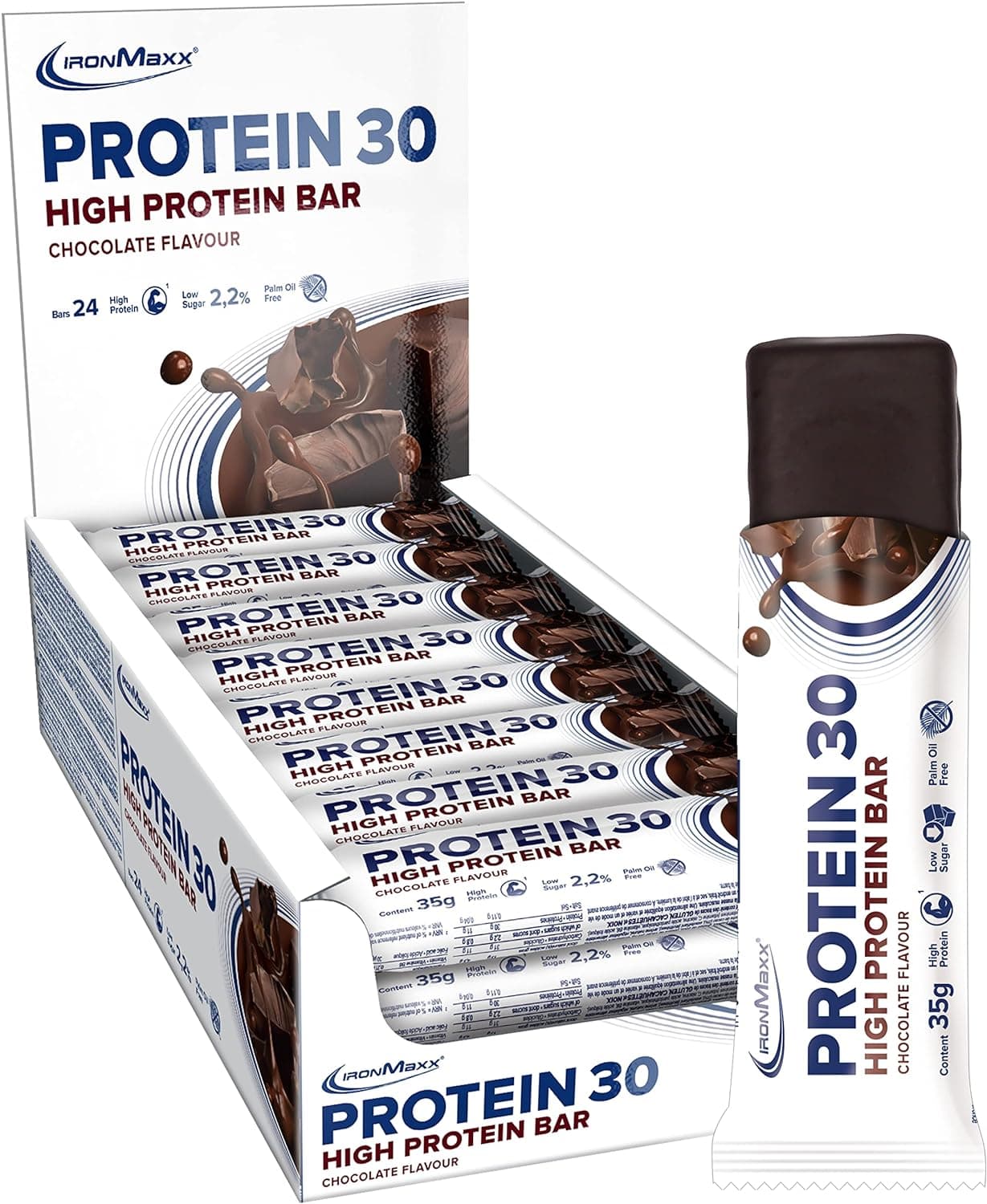 IronMaxx Proteína 30 barra proteica- chocolate 24 x 35 g | barra de proteína sem óleo de palma e sem glúten com vitaminas | adequado para alimentação baixa em açúcar e carboidratos
