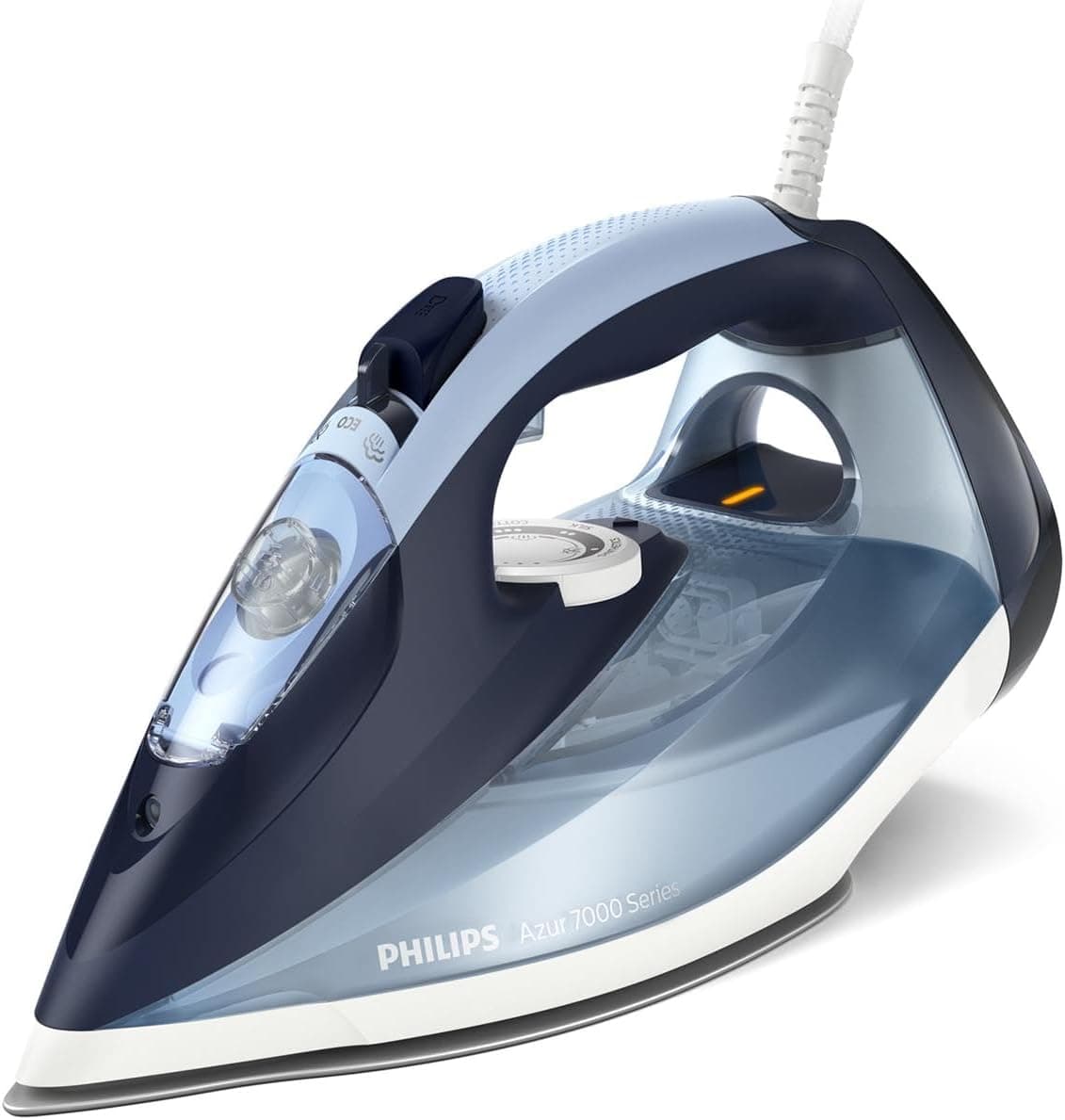 Philips Azur Series 7000 Ferro a vapor, 2800 W, 50 g/min de vapor contínuo, 250 g de golpe de vapor, vapor vertical, sola SteamGlide Plus, Louros/algodão azul (DST7020/20)