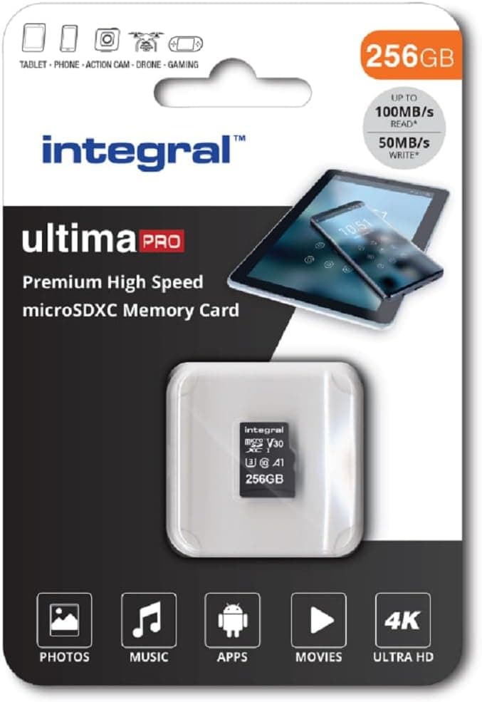Integral 256GB microSD Card Premium de alta velocidade cartão de memória vídeo 4K - até 100 MB/s leitura e 50 MB/s escrita, UHS-I, U3, classe 10, A1 desempenho para app - smartphones, tablets, drones