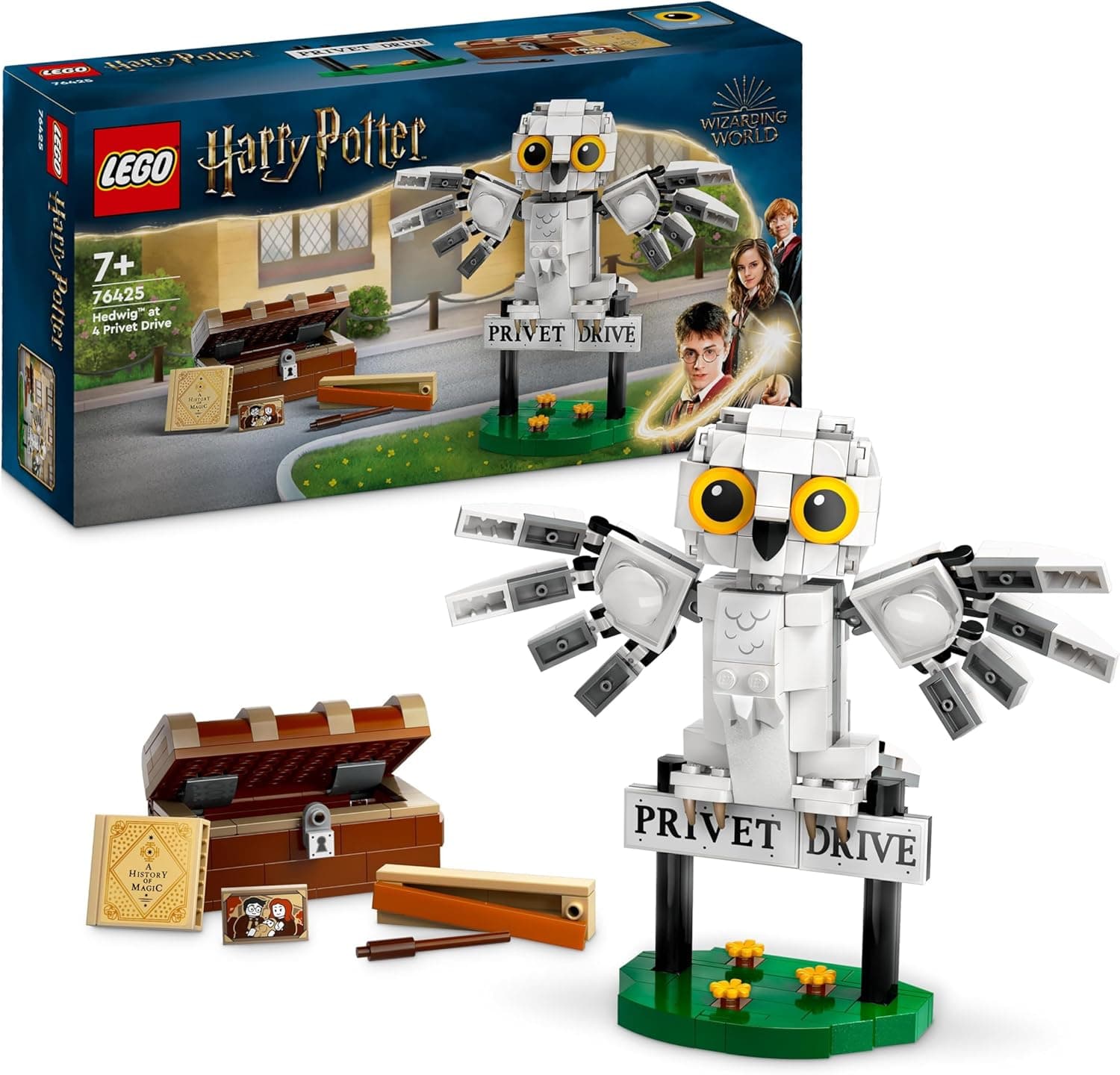 LEGO Harry Potter Hedwig no número 4 do Privet Drive brinquedo de fantasia com figura de coruja para o conjunto de papéis, detalhes e presentes para meninas, crianças e fãs de 7 anos ou mais 76425