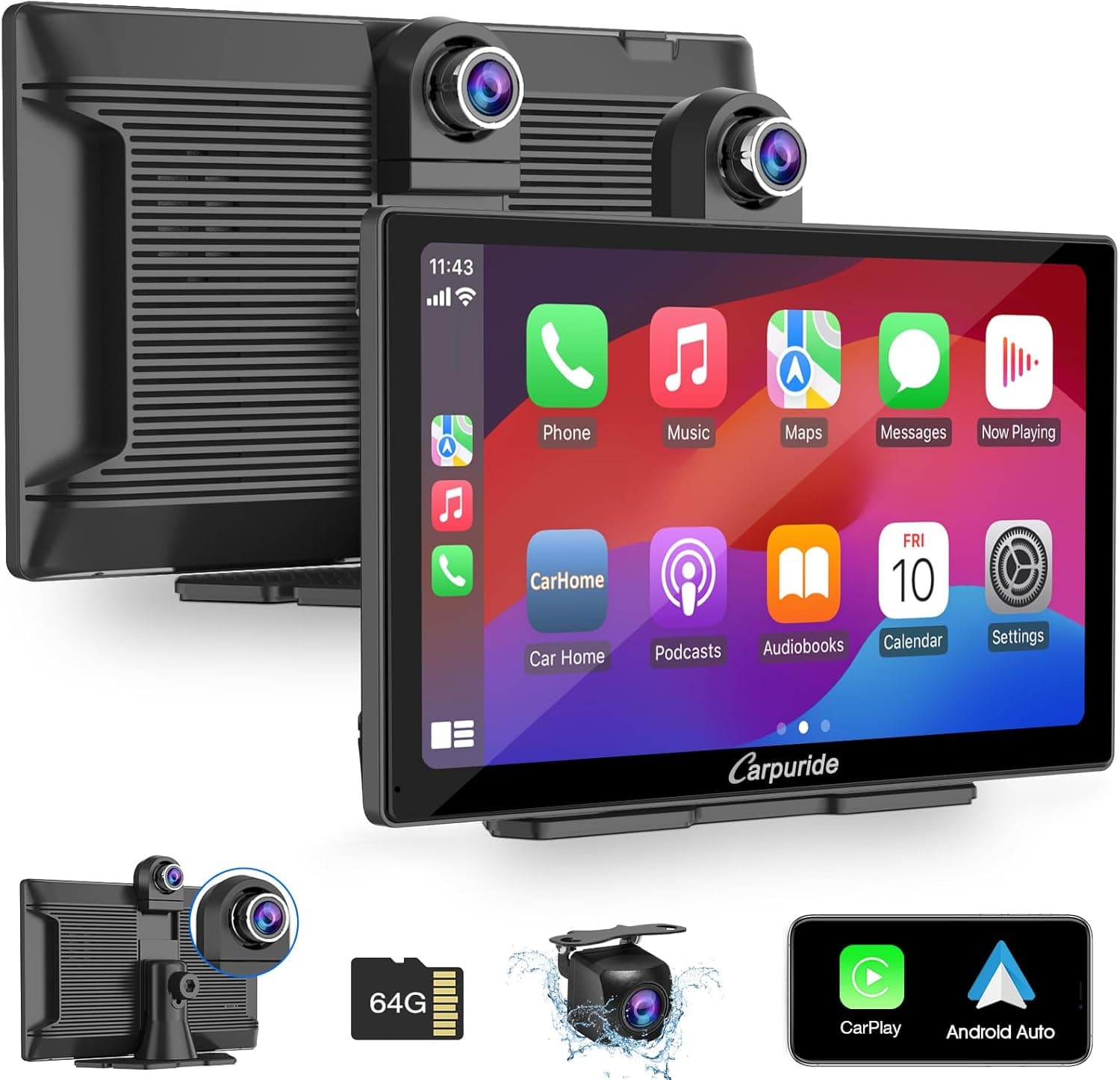 Carpuride W905 Sem fios Carplay & Android Auto ecrã carro câmara de salpicos, portátil 9" ecrã tátil, câmara frontal e traseira, gravação em loop, Bluetooth, Mirror Link, GPS, Siri.