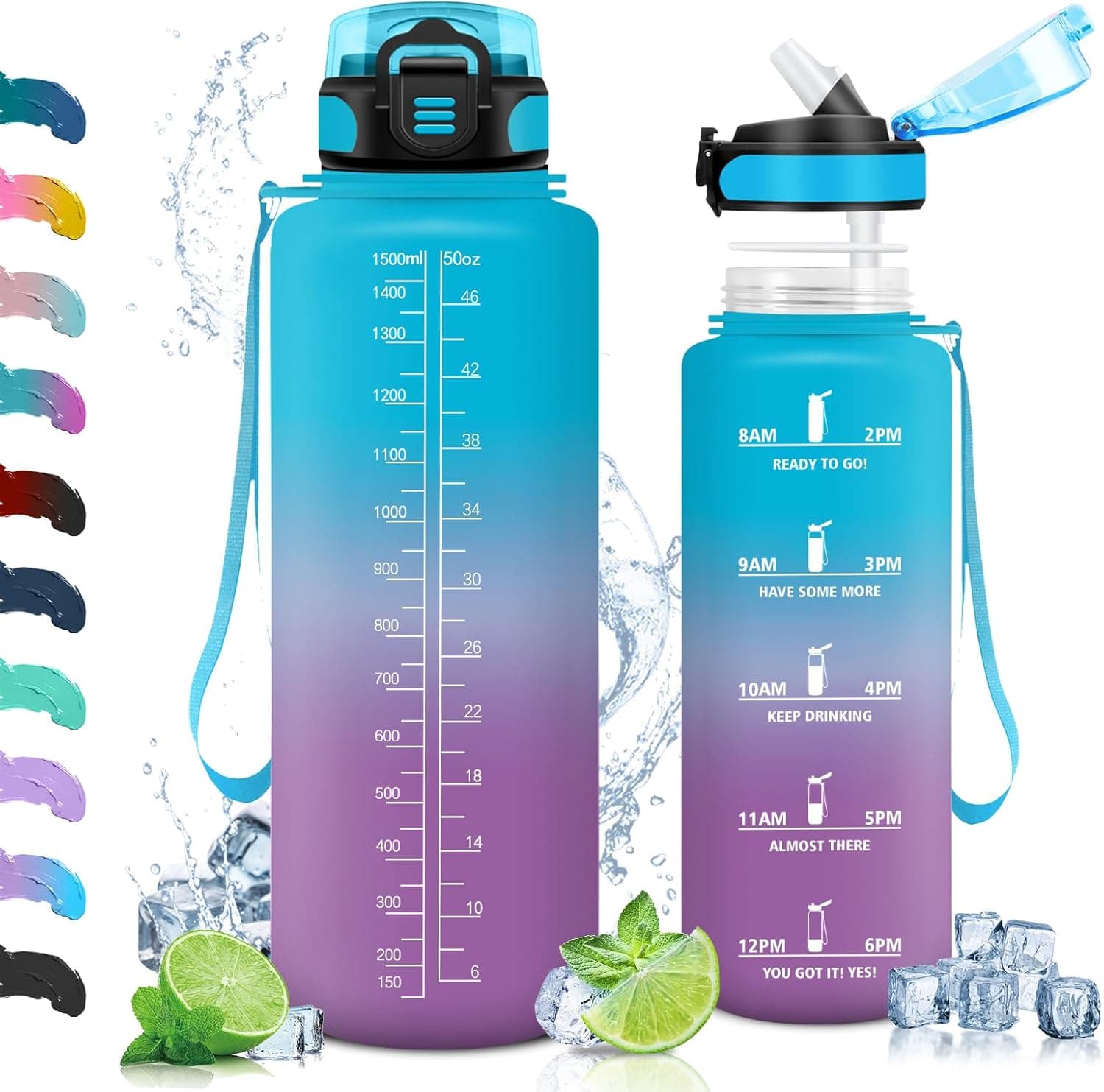 Vikaster Garrafa de 1500 ml com palhinha, garrafas de água sem BPA, fácil de abrir, à prova de fugas, garrafa reutilizável, ginásio, corrida