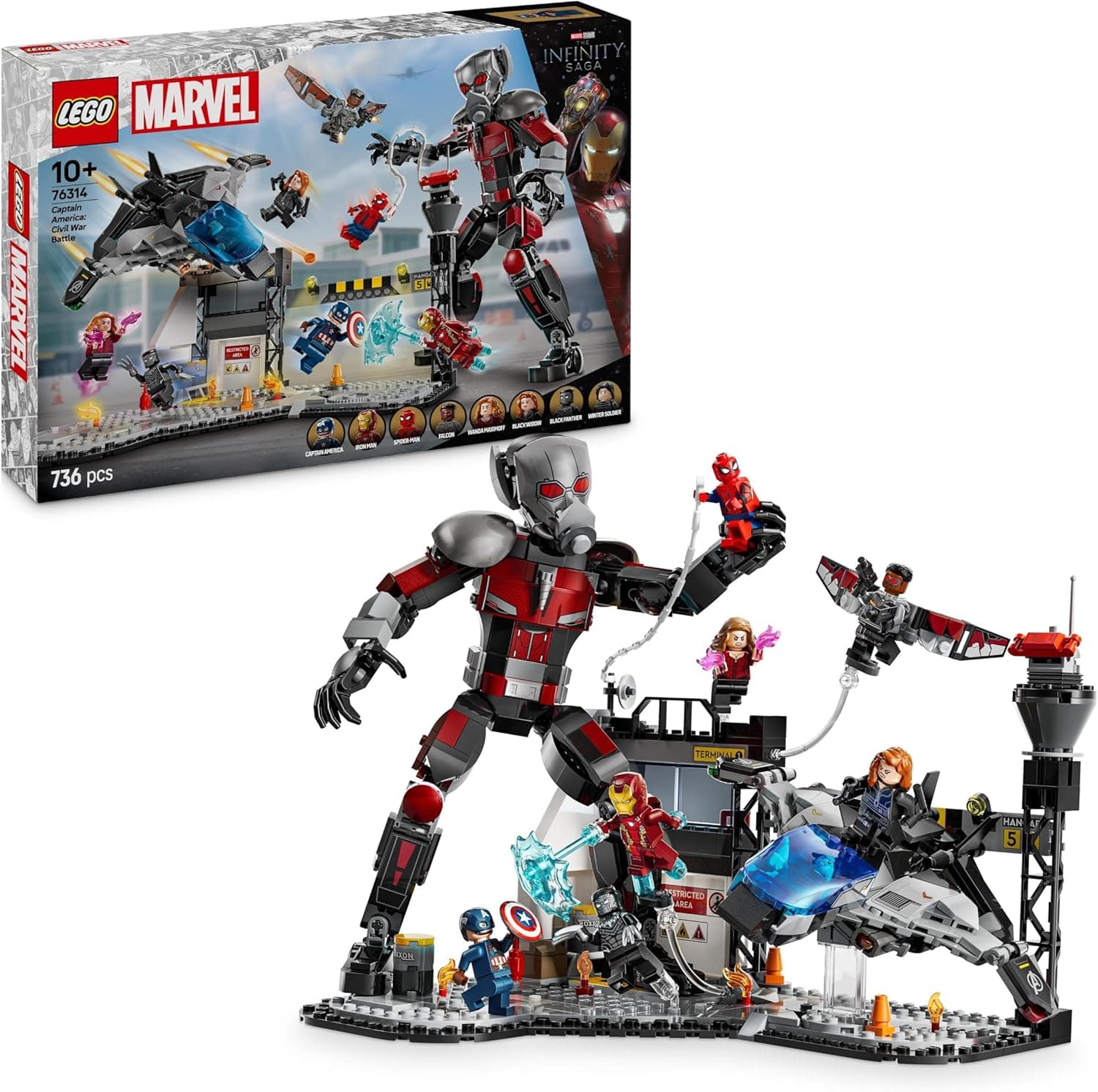 LEGO Marvel Grande batalha do capitão América: Civil War, brinquedo de super-heróis com Quinjet e 8 minifiguras Inc. Capitão América, Wanda Maximoff, Homem de Ferro, Homem-Aranha e Pantera Negra 76314