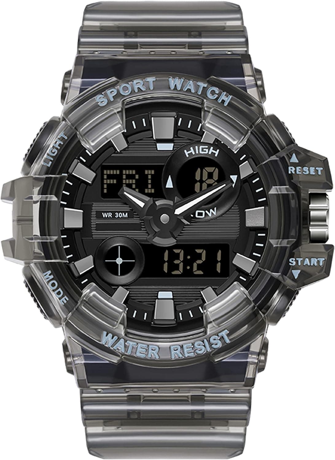 Relógio de pulso digital unissexo, desportivo, digital, impermeável, militar, para exterior, LED, multifuncional, cronómetro, calendário, contagem regressiva 12/24 h, transparente, Preto, tira