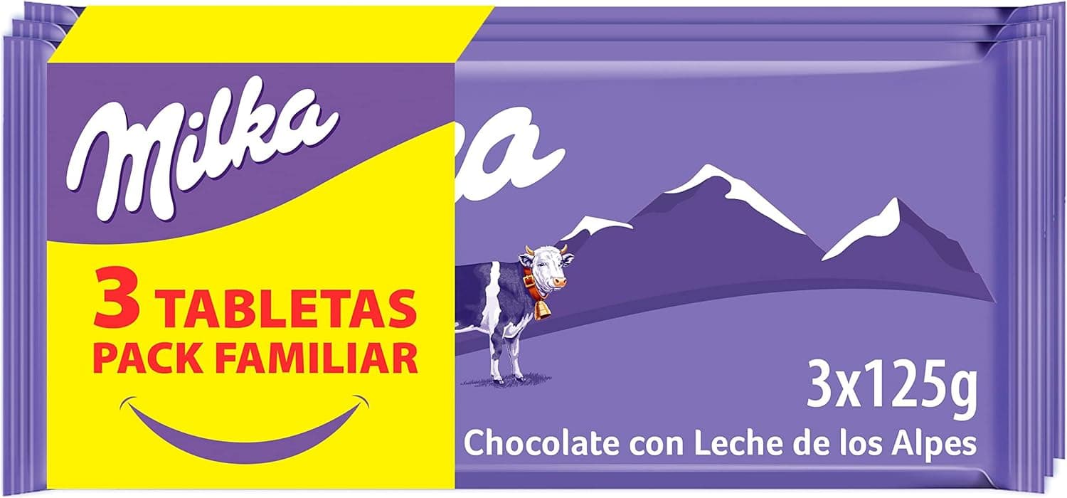 Milka Tablet de chocolate com leite dos Alpes, pack de formato familiar, 3 x 125 g