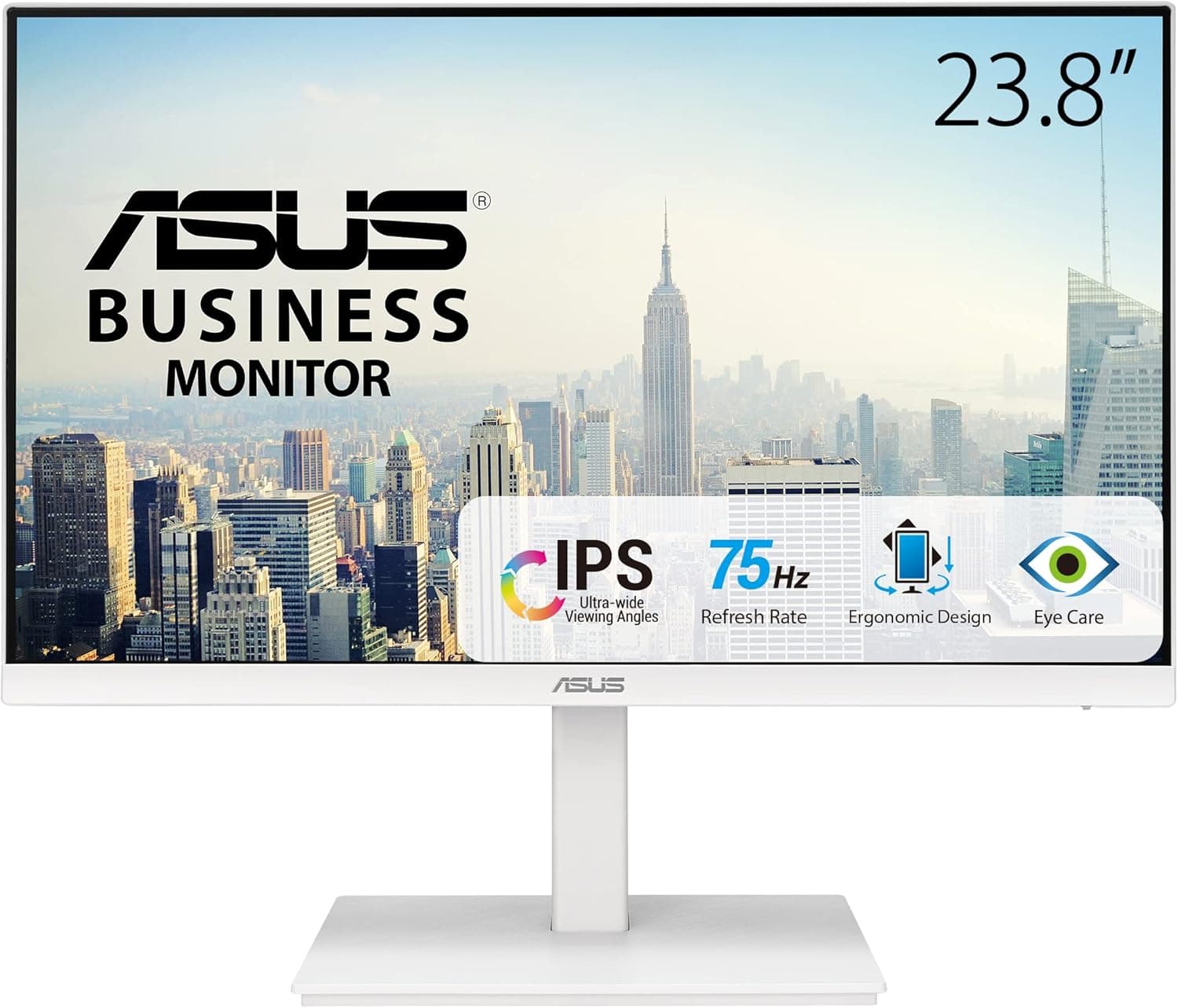 Asus VA24EQSB-W Monitor profissional de 23,8 polegadas, Full HD, IPS, sem moldura, 75 Hz, sincronização adaptativa, luz azul baixa, sem cintilação, design ergonómico, montagem na parede