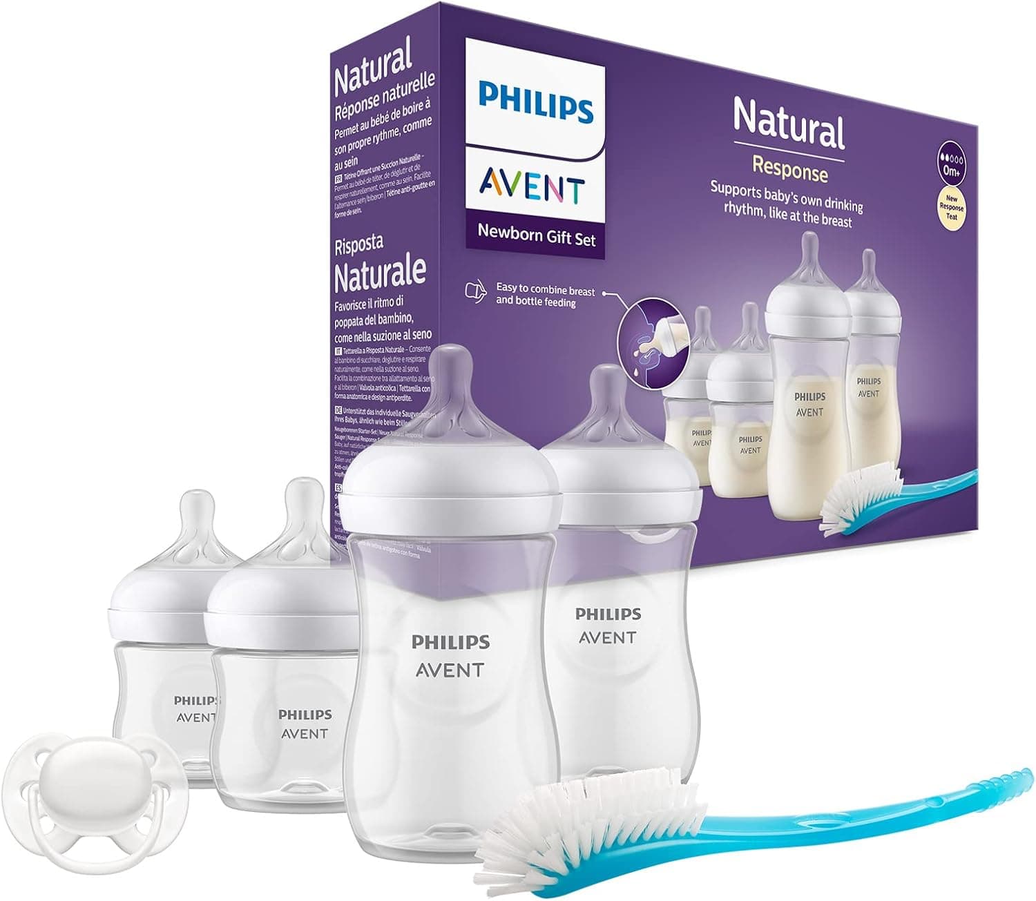 Philips Avent Set de presente de biberões para recém-nascidos: 4 biberões, chupeta ultra macia e escova para biberão, bebés de 0-12 meses (modelo SCD838/11)