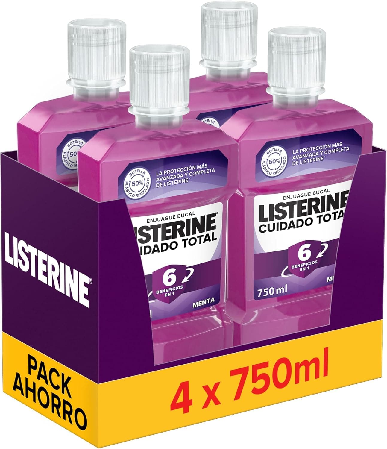 Listerine Cuidado total, embalagem de 4 x 750 ml, lavagem bucal com flúor, colutório bucal com 6 benefícios em 1, elixir bucal para limpeza bucal completa