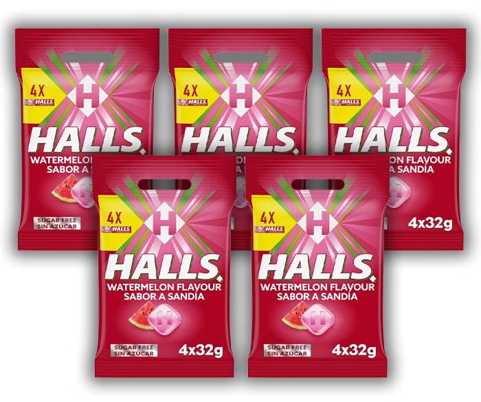 Halls doces duros sabor melancia sem açúcar e vitamina C, 128 g x 5