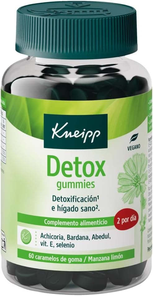 Kneipp Detox Gummies; selénio, vitamina E, chicória, barana; contribui para o funcionamento da vesícula biliar, fígado e rins; sem adição de açúcares; sabor de maçã e limão; 60 unidades