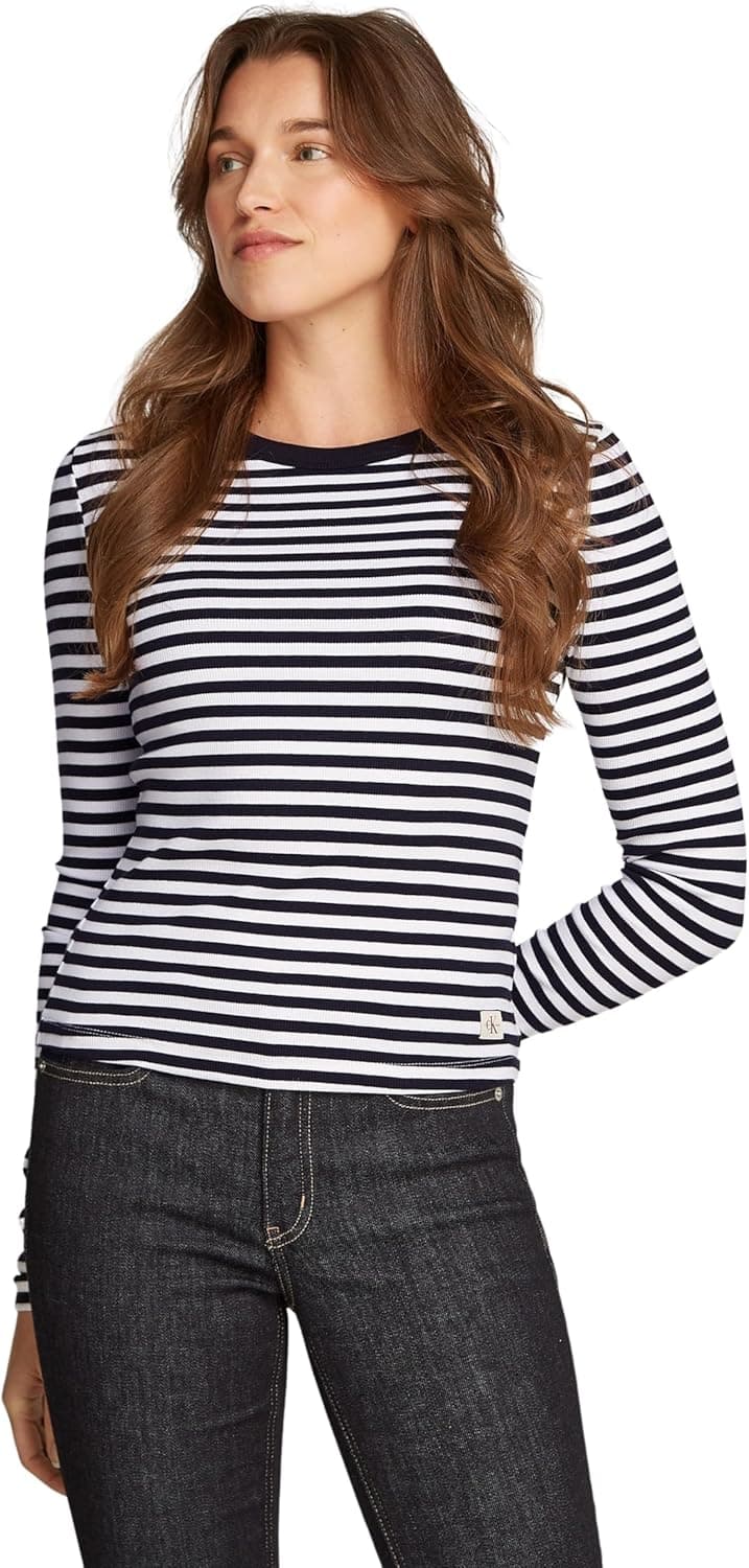 Calvin Klein T-shirt de manga curta para mulher, Woven Rib Long Sleeve com gola redonda