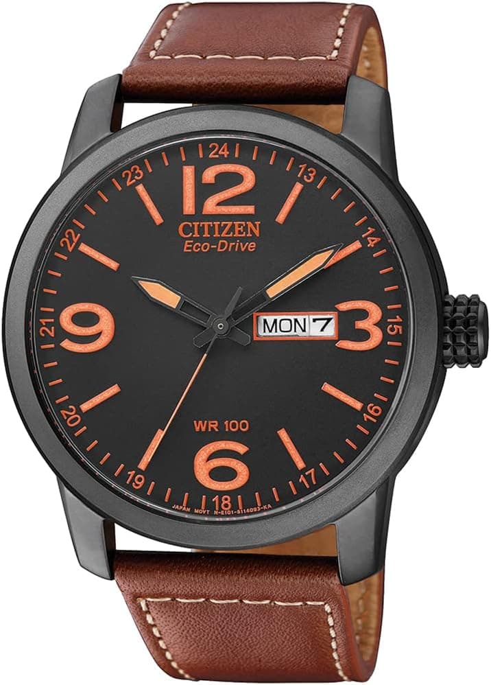 Citizen Elegance Analog Eco Drive | Relógio de pulso para homem com mostrador preto e bracelete castanha