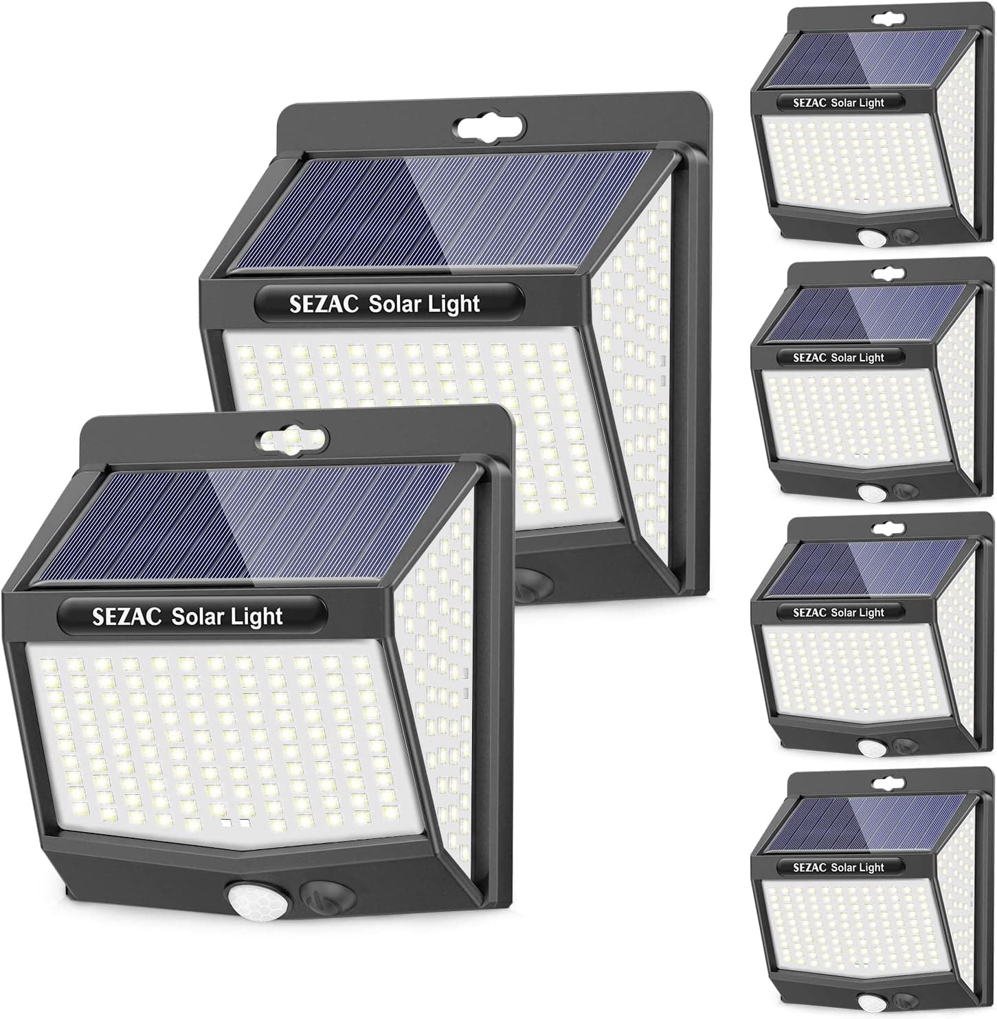 SEZAC Luz solar exterior [pacote de 6/3 modos] 270° super brilhantes focos LED exteriores solares com sensor de movimento, IP65 luzes solares LED exterior para garagens, caminhos, portas dianteiras