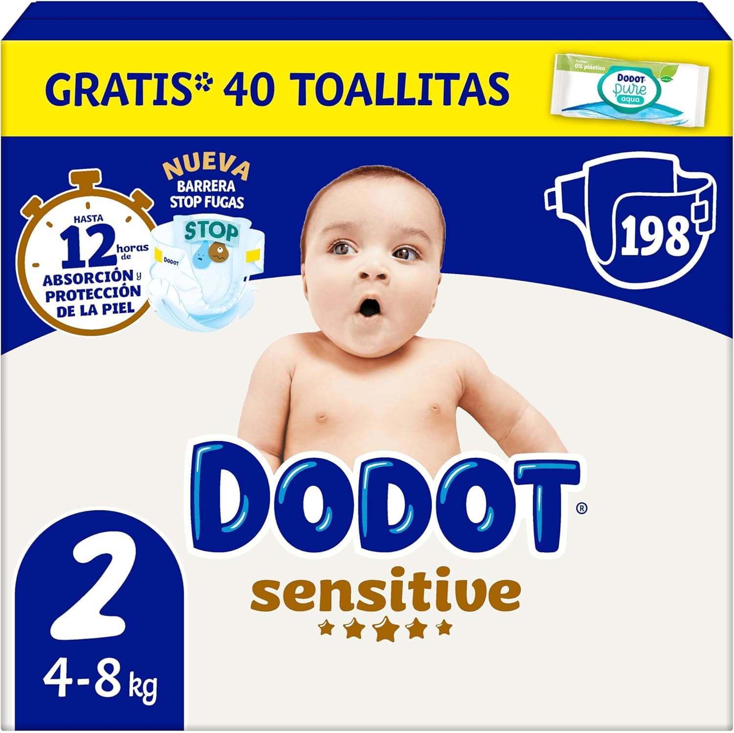 Dodot Sensitive tamanho 2, 198 fraldas para bebé, 4 kg - 8 kg, até 12 h de proteção contra fugas e proteção para a pele