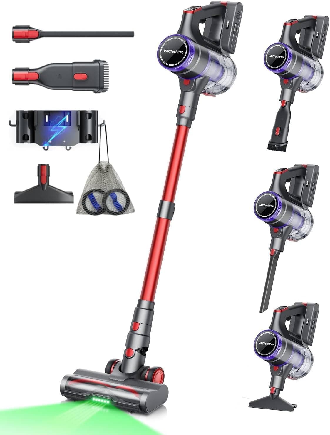 VACTechPro 48000 Pa/550 W/70 Min Aspirador sem fios, 1,6 L vassoura aspirador sem cabo com filtro de 8 camadas, super silencioso aspirador vertical com escova anti-embaraços, aspirador para chão