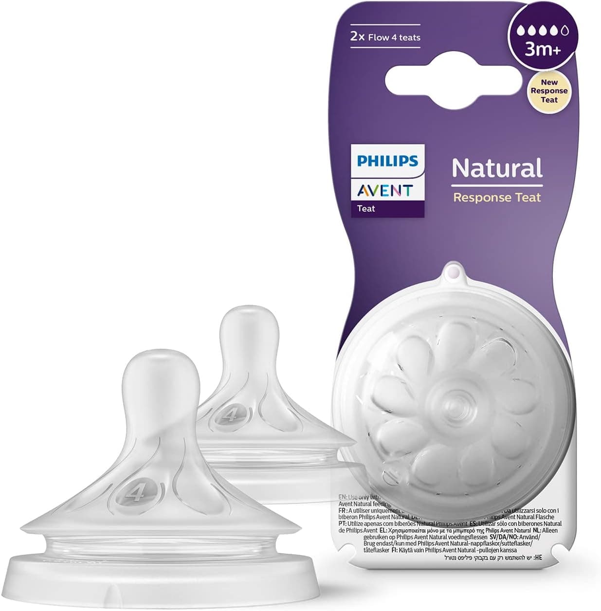 Philips Avent Tetina natural para biberão Response: 2 tetinas de fluxo de 4 para bebés a partir dos 3 meses, sem BPA (modelo SCY964/02)