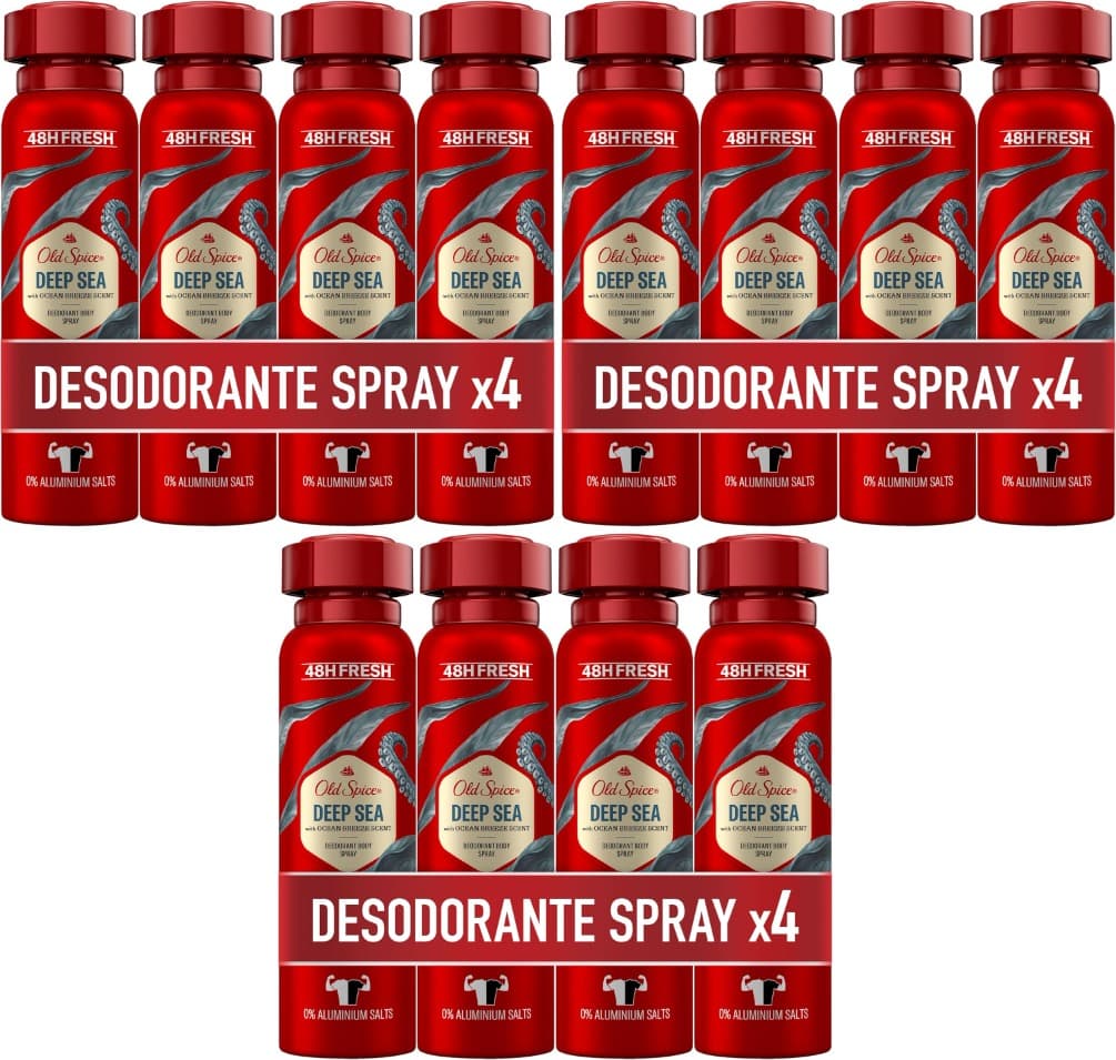 Old Spice Deep Sea Desodorante corporal em spray para homem, 48 horas fresco, 0% sais de alumínio, antimanchas, brancas e amareladas, 4 x 150 ml